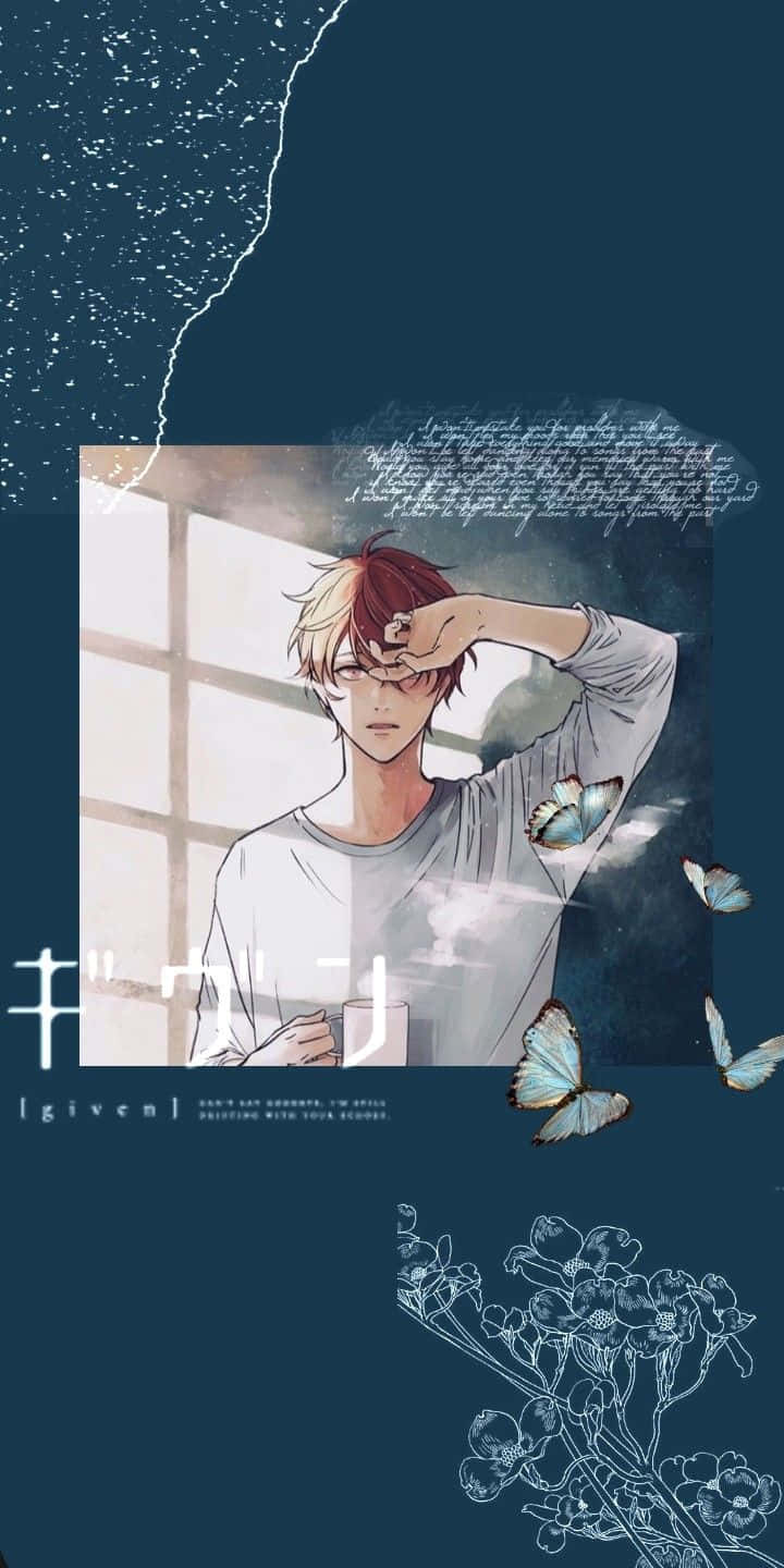 Cute Anime Boy 桌布 壁紙 — 一個紅髮的年輕動漫男孩在深藍綠色背景下，用手遮擋眼睛避開明亮的窗戶光線，藍色蝴蝶在他周圍飛舞。