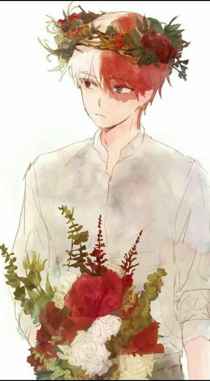 轟焦凍可愛 桌布 壁紙 — 一個紅髮的年輕動漫男孩戴著花冠，在柔和的水彩背景前拿著一束紅白玫瑰。