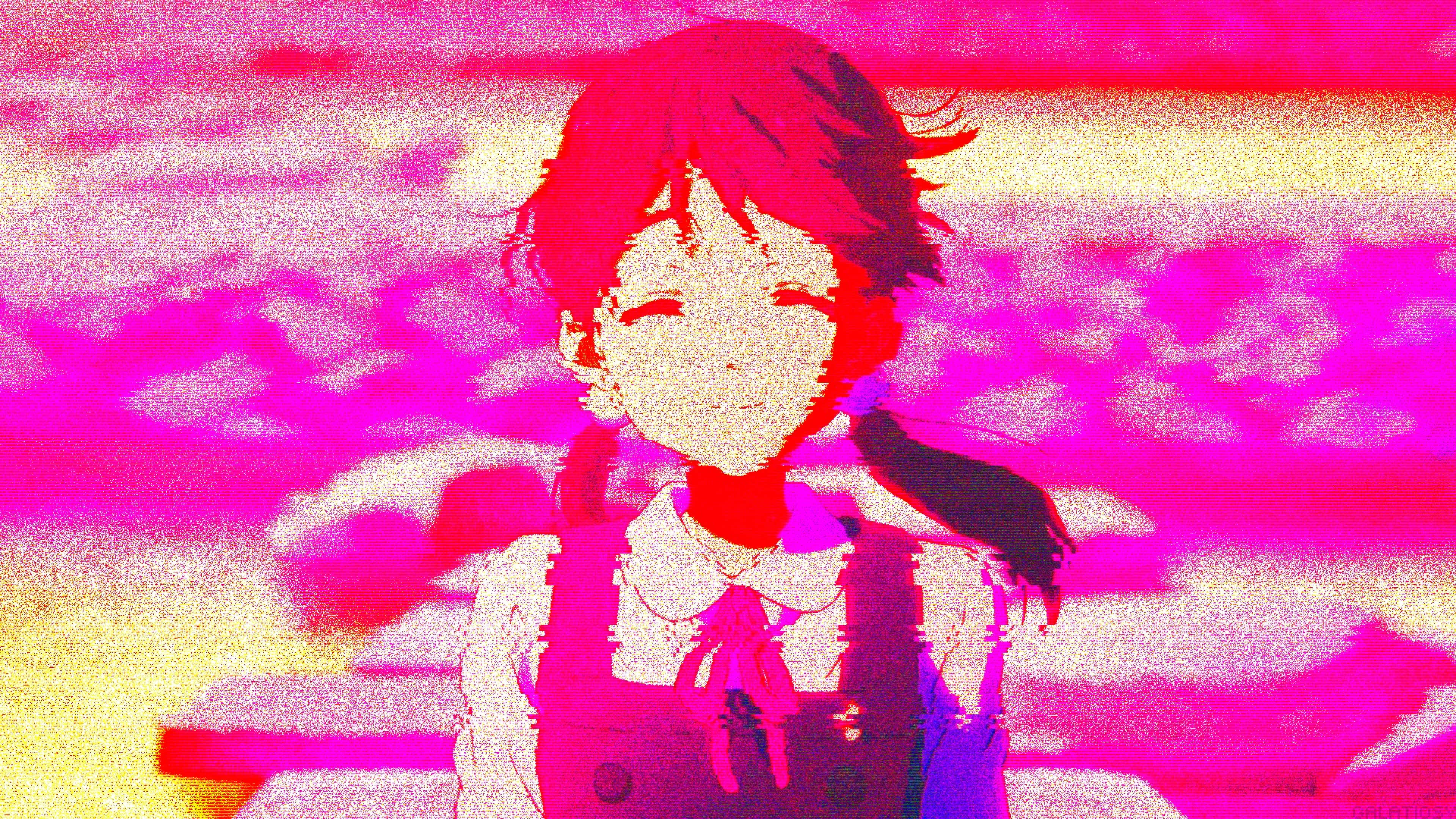桌布 壁紙 — 一個紅髮的故障風動畫女孩穿著校服，在充滿活力的粉紅和黃色扭曲背景前微笑。