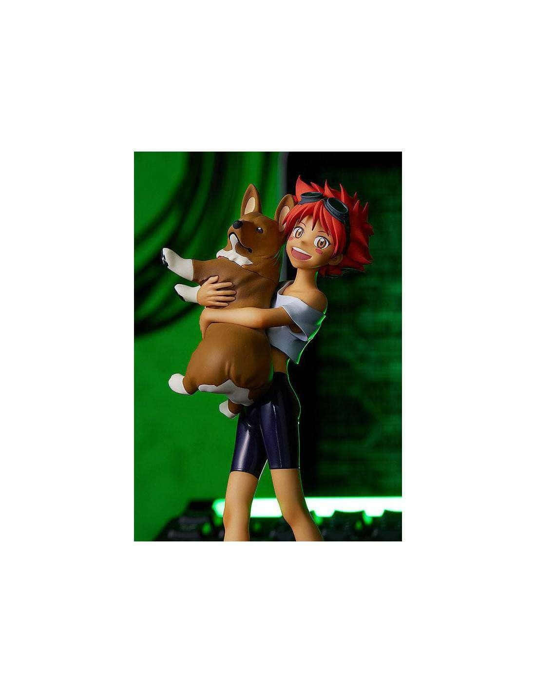 Cowboy Bebop Edward 桌布 壁紙 — 一個紅髮的開朗動漫女孩在充滿活力的綠色背景前擁抱一隻棕色柯基犬。