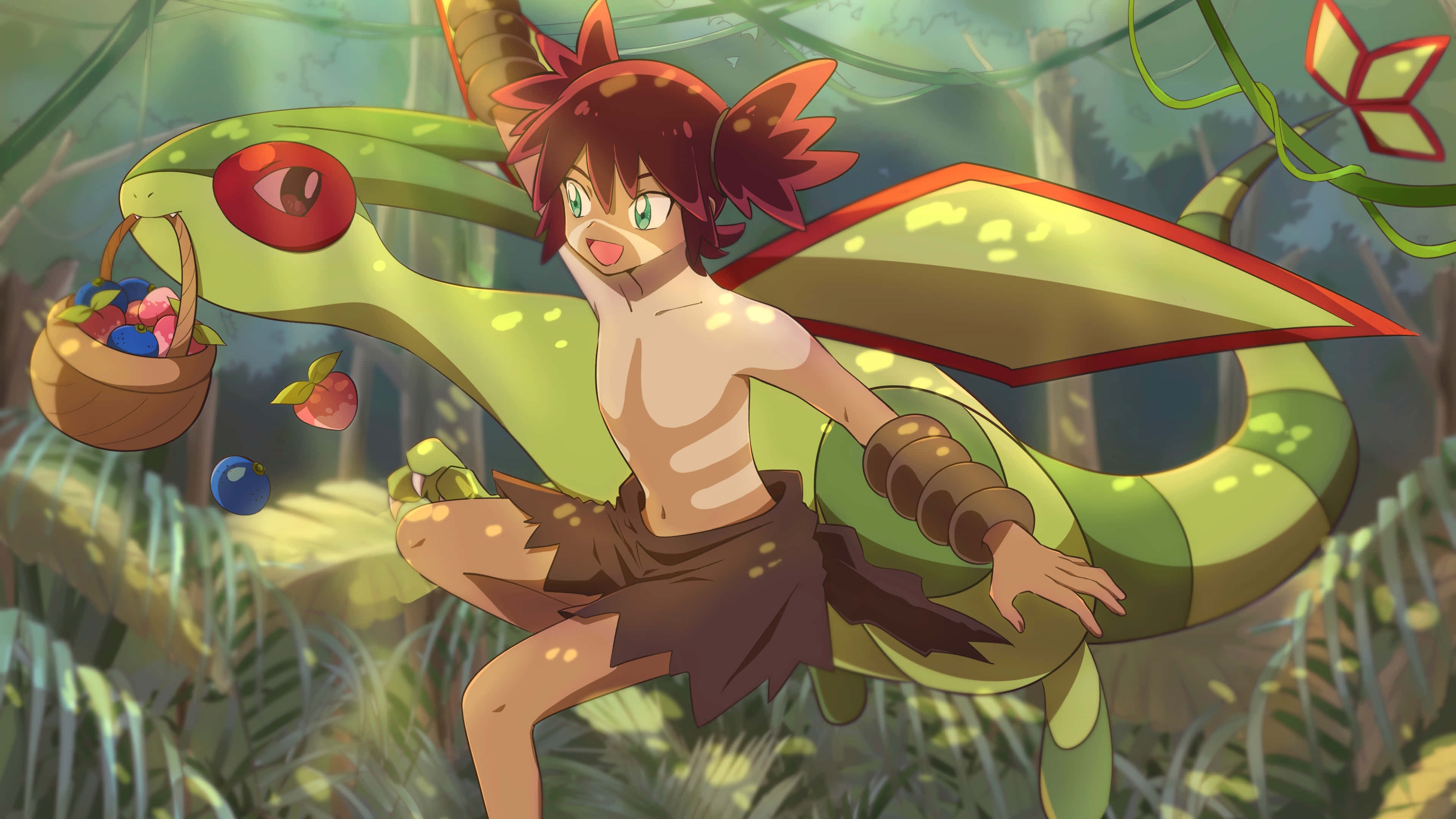 Pokemon Movies 桌布 壁紙 — 一個紅髮的開朗動畫男孩騎著一條綠龍穿過陽光明媚的叢林，同時拿著一個水果籃。