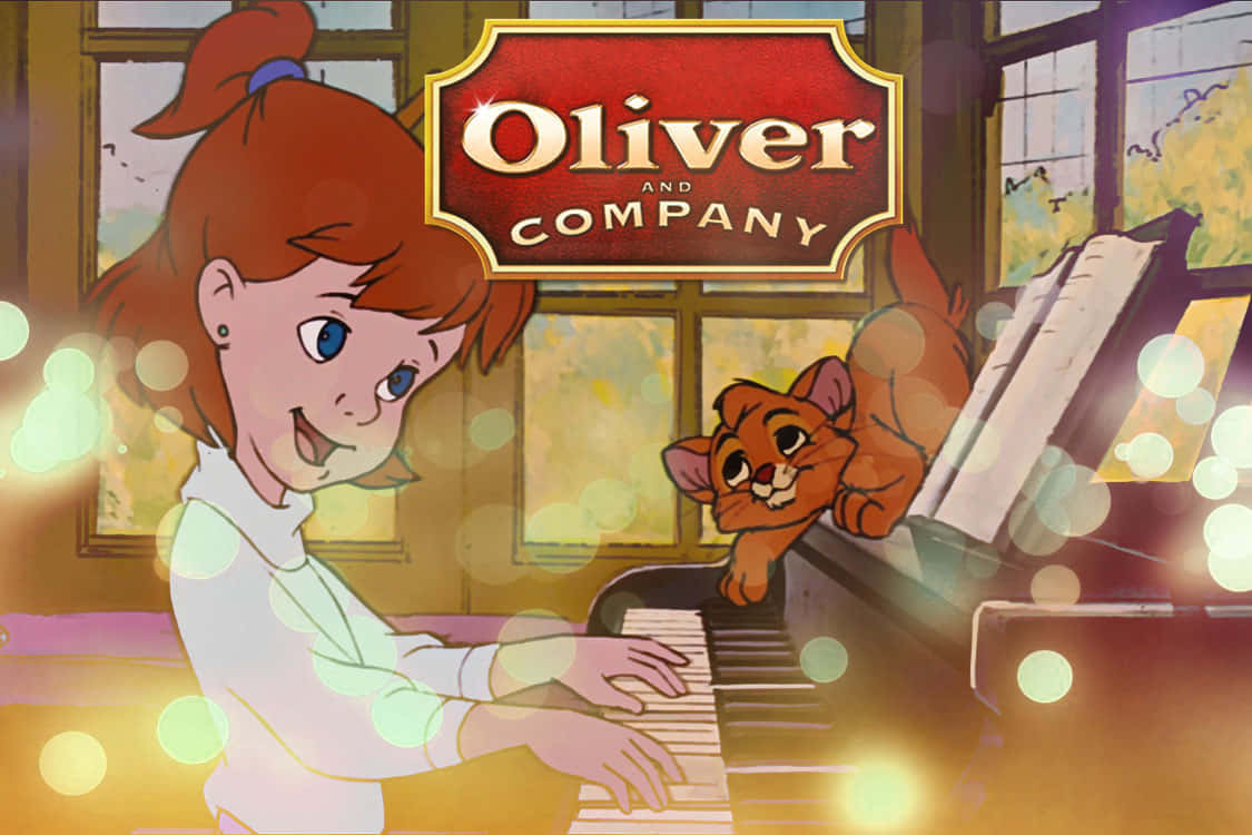 oliver and company 桌布 壁紙 — 一個紅髮的開朗女孩在彈鋼琴，一隻薑黃色的貓在琴鍵上觀看，房間燈光溫暖。