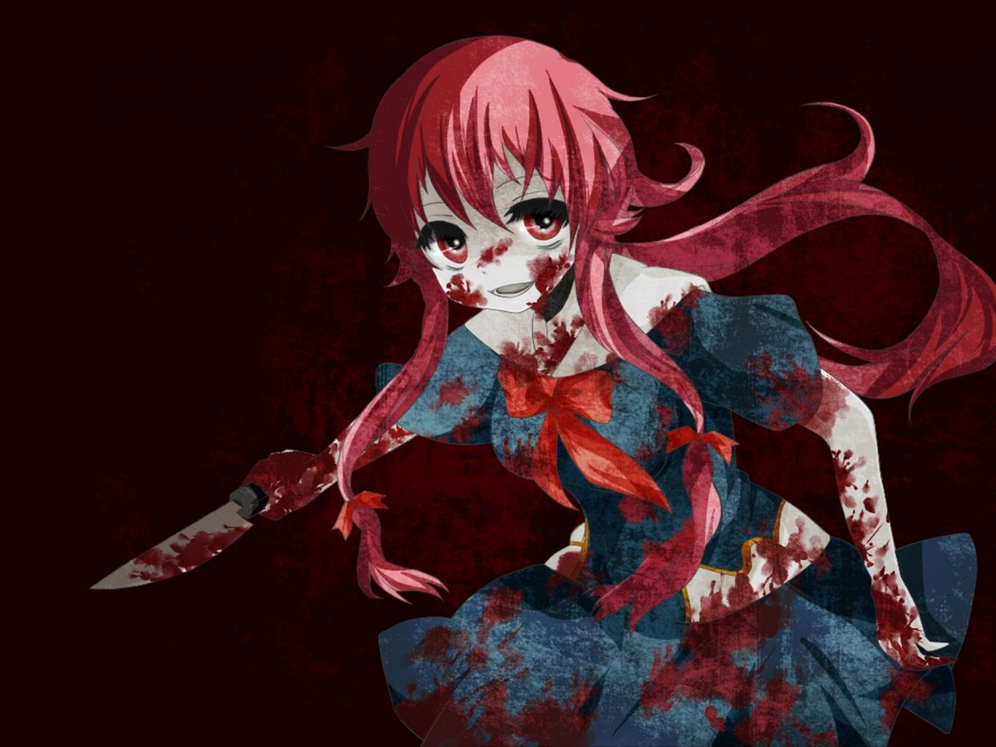 Yuno 桌布 壁紙 — 一個紅髮紅裙、渾身是血的動漫女孩，在深紅色背景前拿著一把刀。