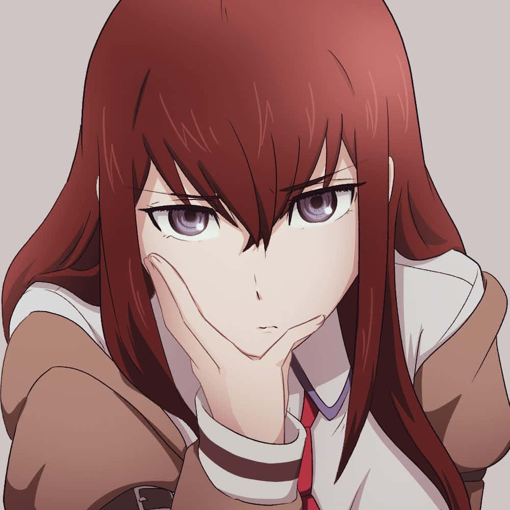 kurisu makise 桌布 壁紙 — 一個紅髮紫眼的動漫女孩特寫，將下巴靠在手上，背景是純色。