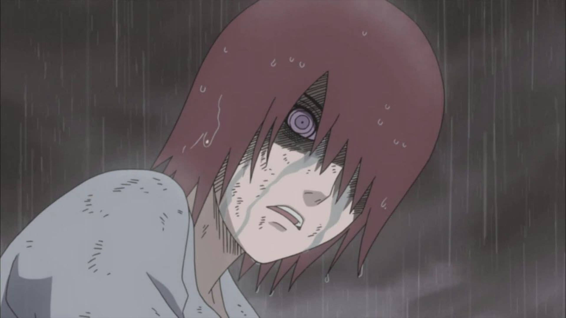 Nagato 桌布 壁紙 — 一個紅髮紫眼的悲傷動漫女孩在深灰色背景前的大雨中哭泣。