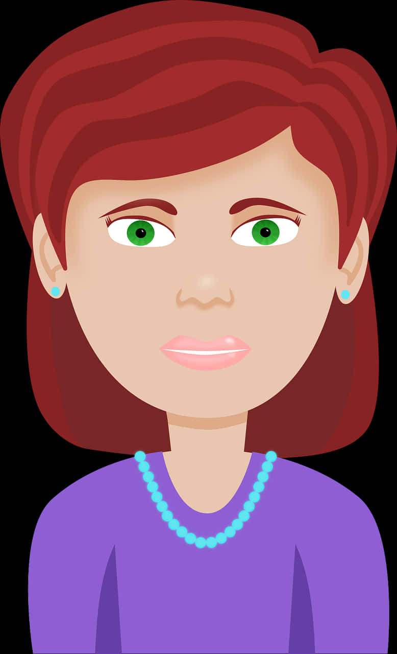 Cartoon Profile 桌布 壁紙 — 一個紅髮綠眼、穿著紫色上衣的卡通女性在黑色背景前微笑。
