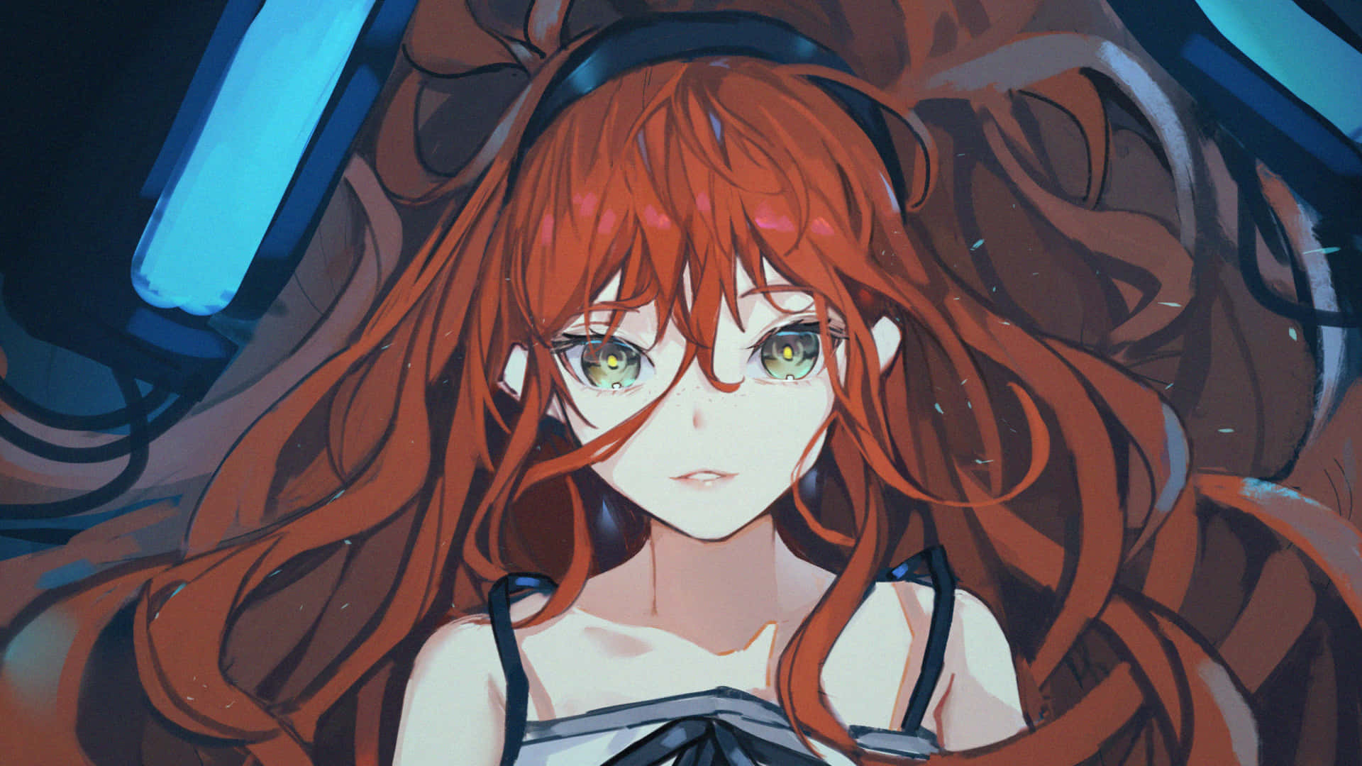 Wonder Egg Priority 桌布 壁紙 — 一個紅髮綠眼動漫女孩在黑暗科技主題環境中戴著耳機的特寫。