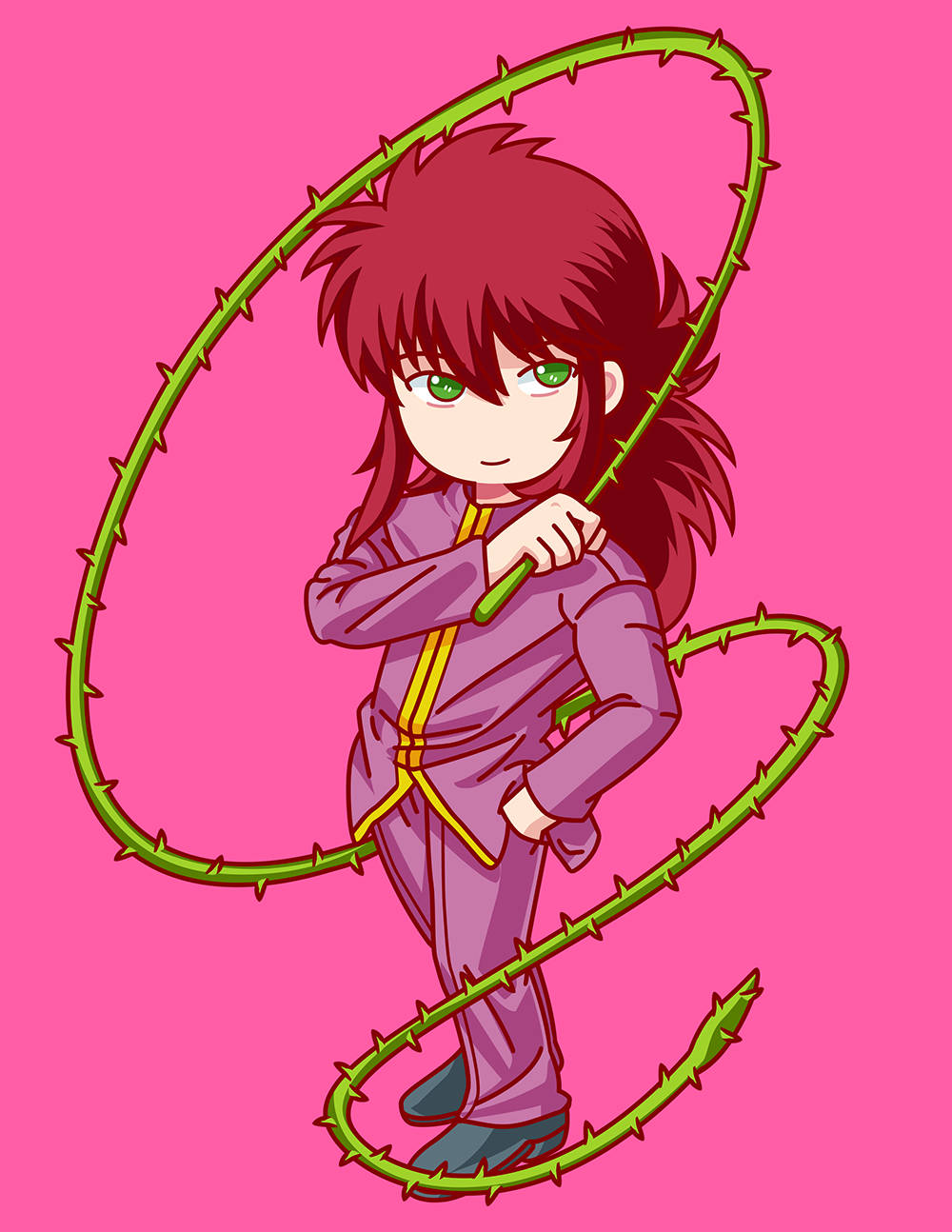 Kurama 桌布 壁紙 — 一個紅髮綠眼的Q版動漫女孩在亮粉色背景上揮舞著帶刺的藤蔓武器。