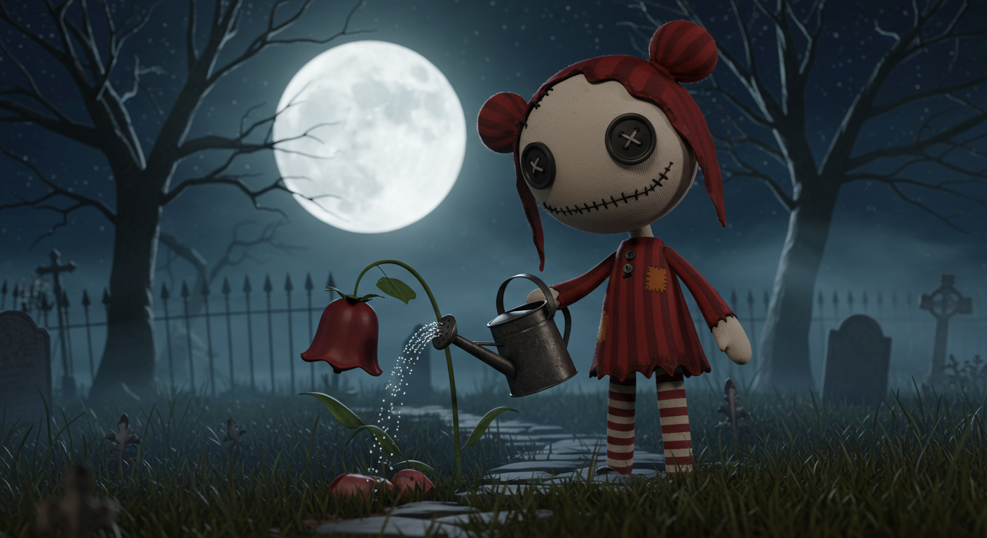 Ragdoll 桌布 壁紙 — 一個紅髮縫製娃娃在霧氣瀰漫的墓地中，在滿月下澆灌一朵紅色風鈴花。