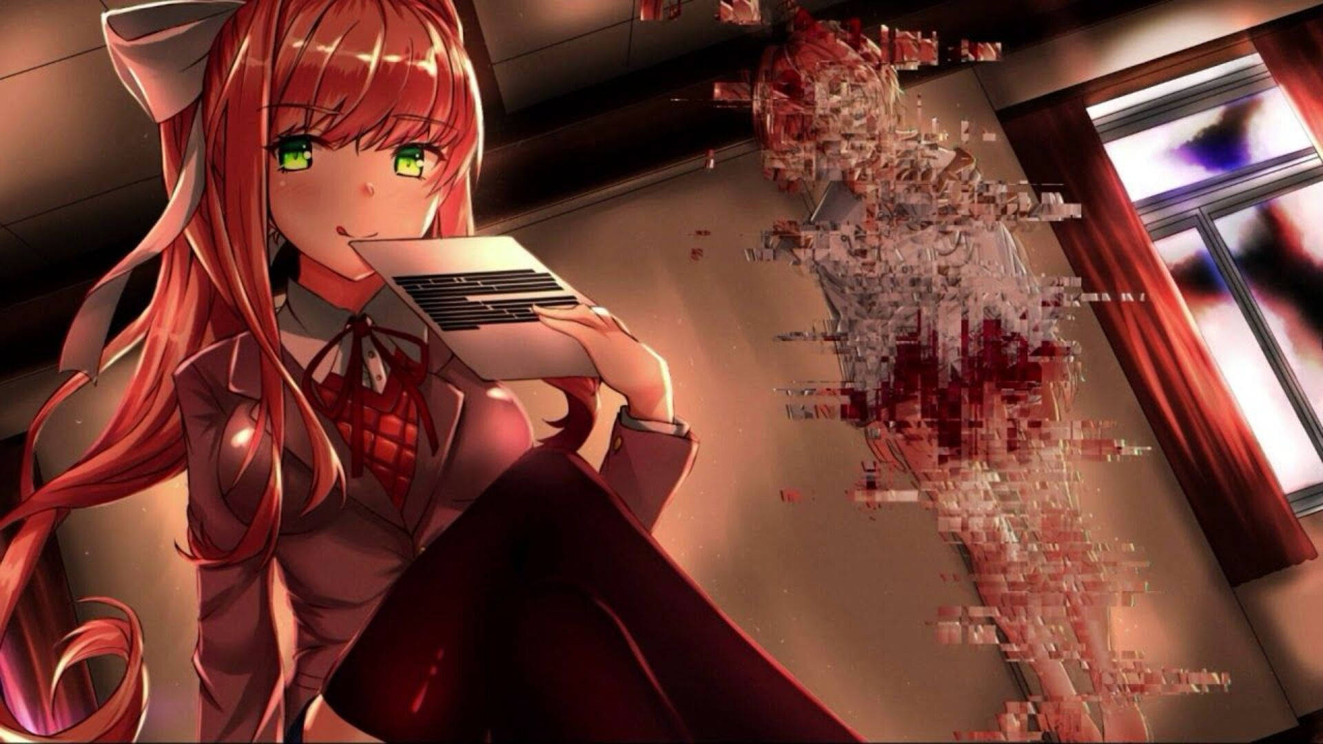 literature 桌布 壁紙 — 一個紅髮貓耳動漫女孩拿著筆記型電腦，像素化數據從她的螢幕爆炸出來，房間燈光昏暗。