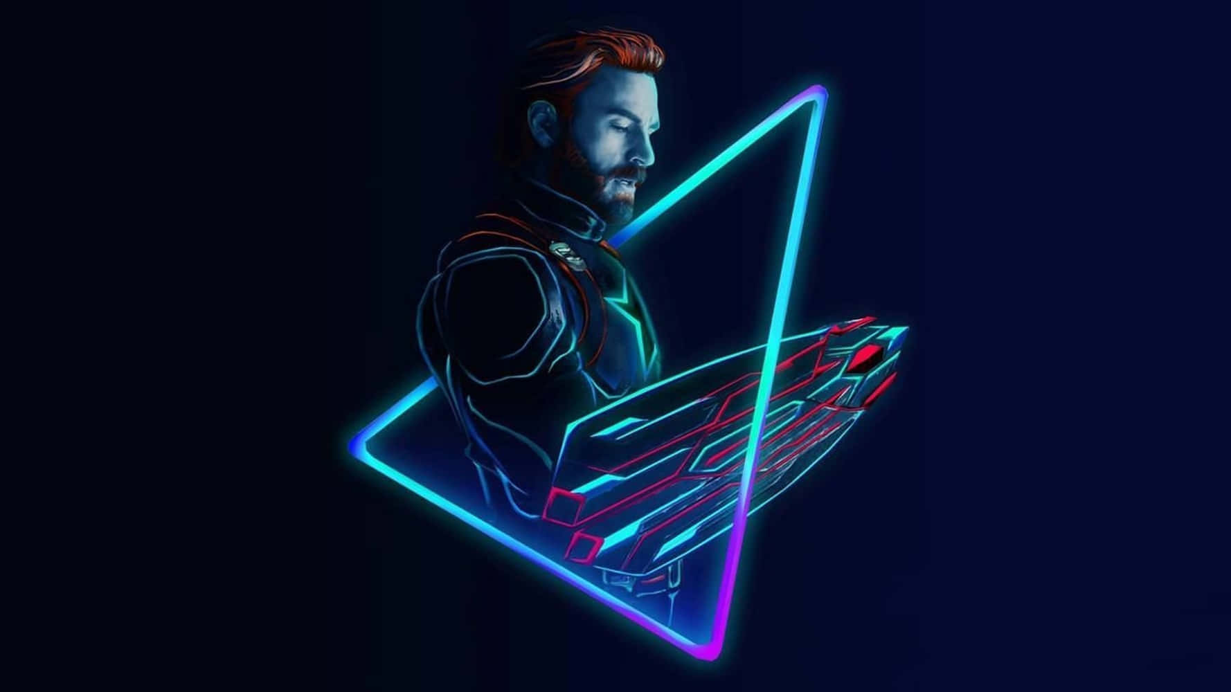 Avengers Laptop 桌布 壁紙 — 一個紅髮鬍鬚的男子身穿未來盔甲，站在發光的霓虹三角形旁，手持高科技武器，背景為深色。