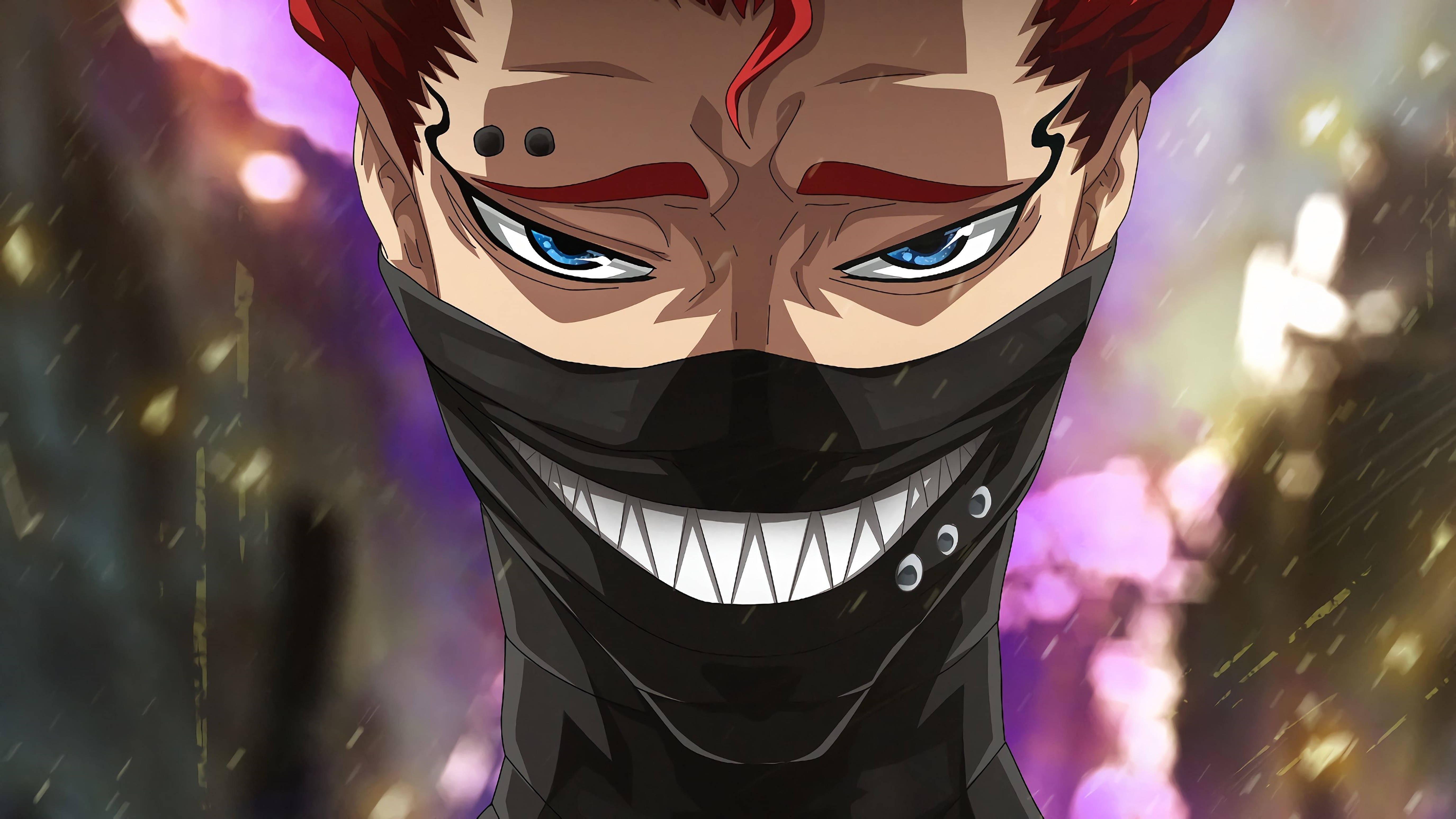 Black Clover Anime 桌布 壁紙 — 一個紅髮黑面具的動漫角色，在充滿活力的紫色和金色散景背景下兇狠地咧嘴笑。
