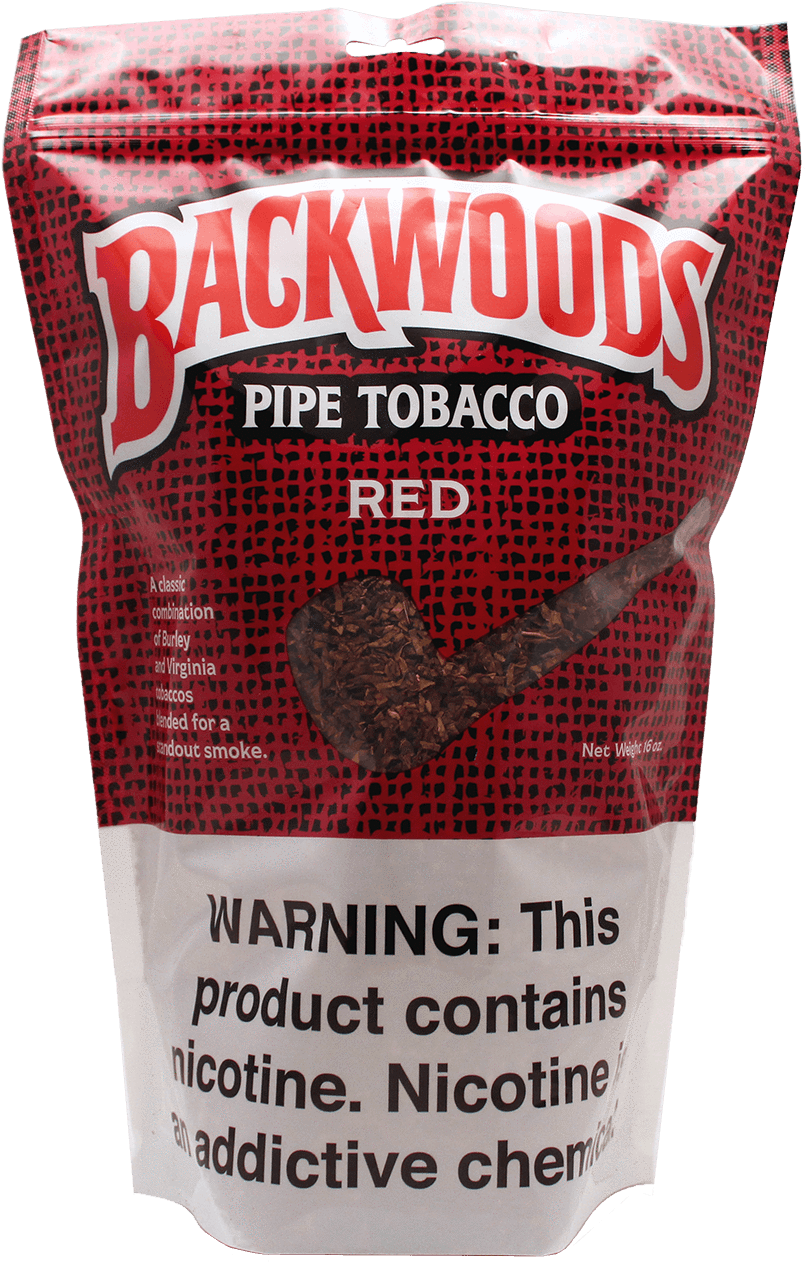 Backwoods 桌布 壁紙 — 一個紅黑圖案的Backwoods Red煙斗煙草袋，帶有煙斗形狀的煙草插圖和警告標籤。