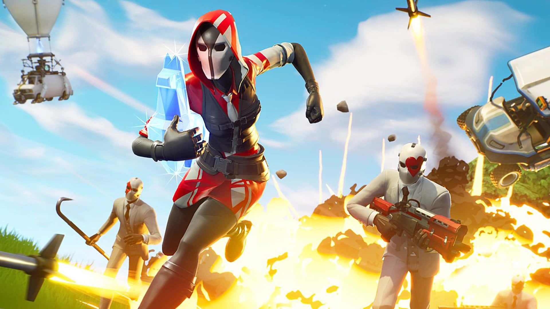 Fortnite 桌布 壁紙 — 一個紅黑色的Fortnite角色向前奔跑，手持發光的藍色水晶，身後爆炸和飛行車輛爆發。
