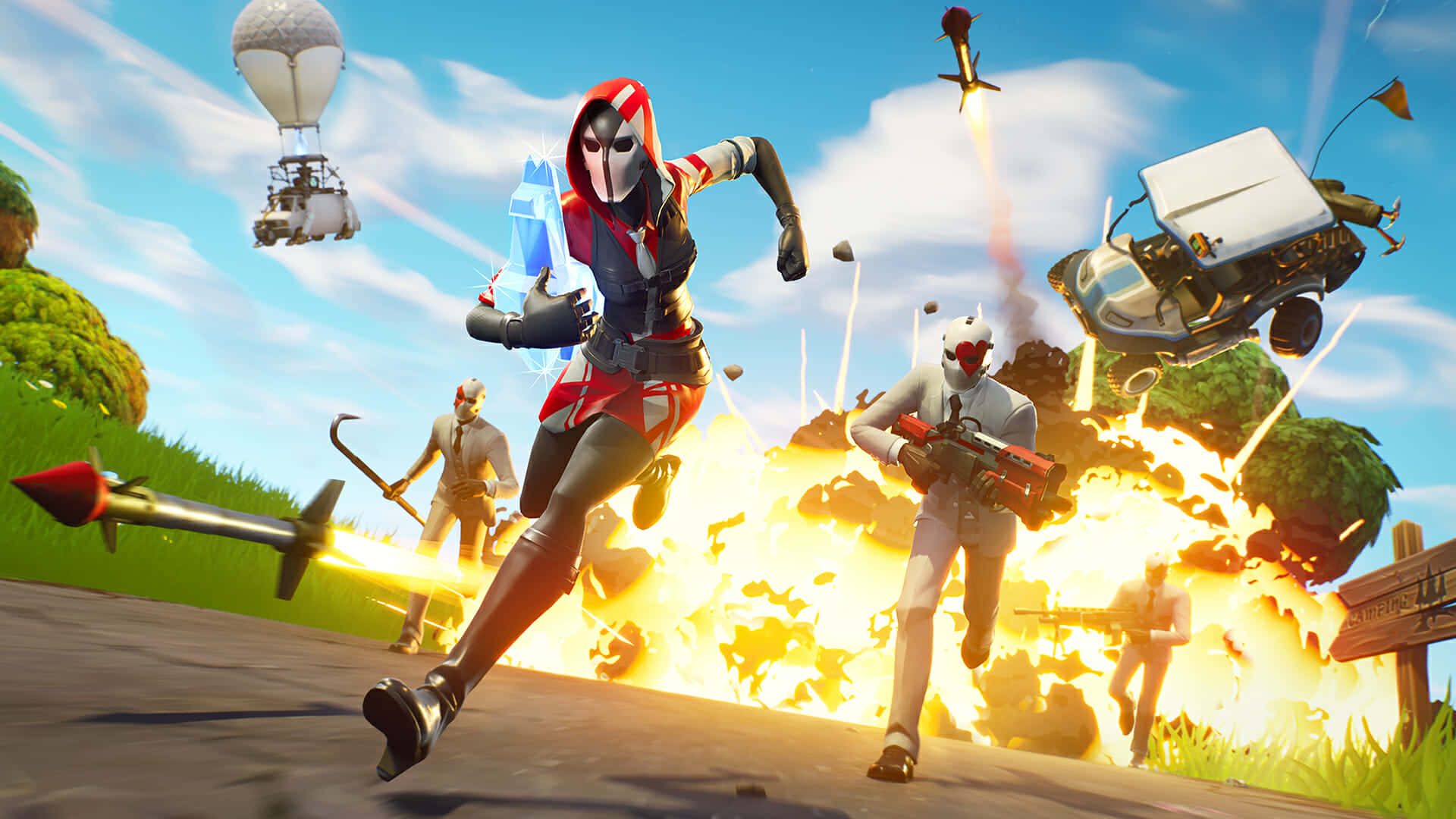 Fortnite 桌布 壁紙 — 一個紅黑色的Fortnite角色在明亮陽光明媚的風景中，與其他玩家和飛行車輛一起穿過火熱的爆炸。