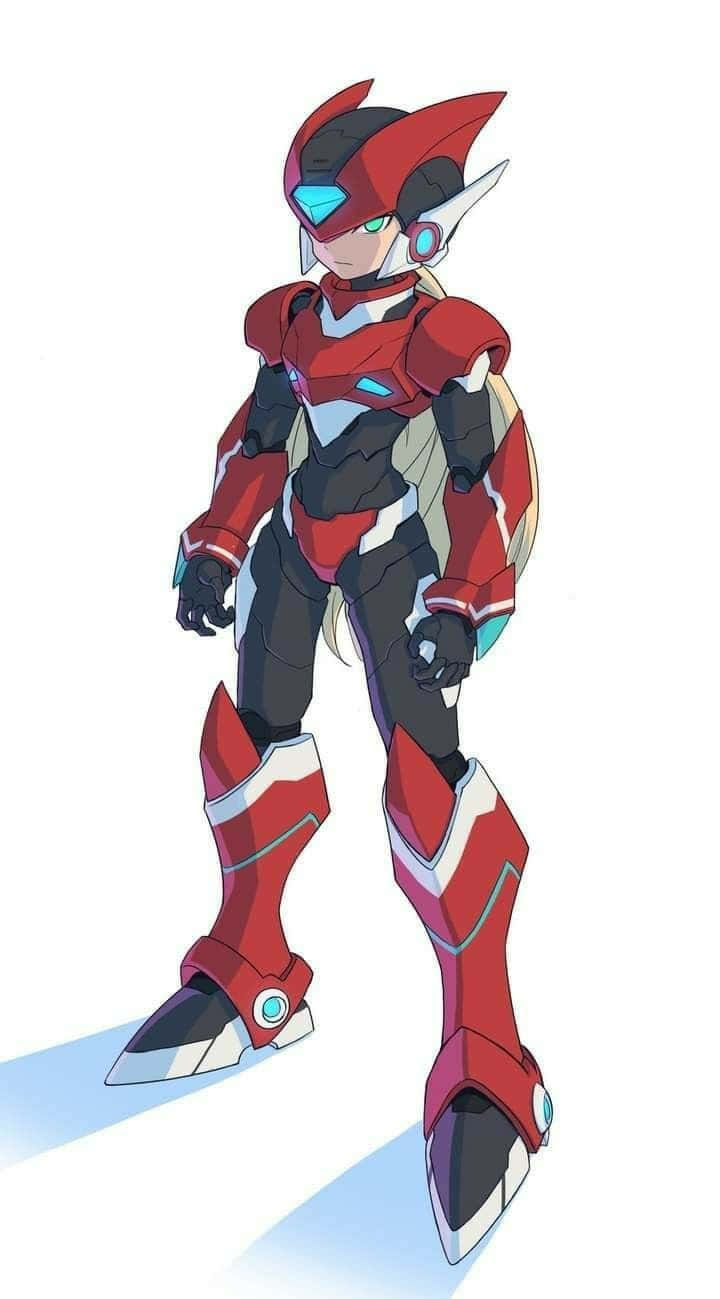 Megaman 桌布 壁紙 — 一個紅黑裝甲動漫角色，擁有發光的藍色眼睛和翼狀頭盔，自信地站在白色背景前。