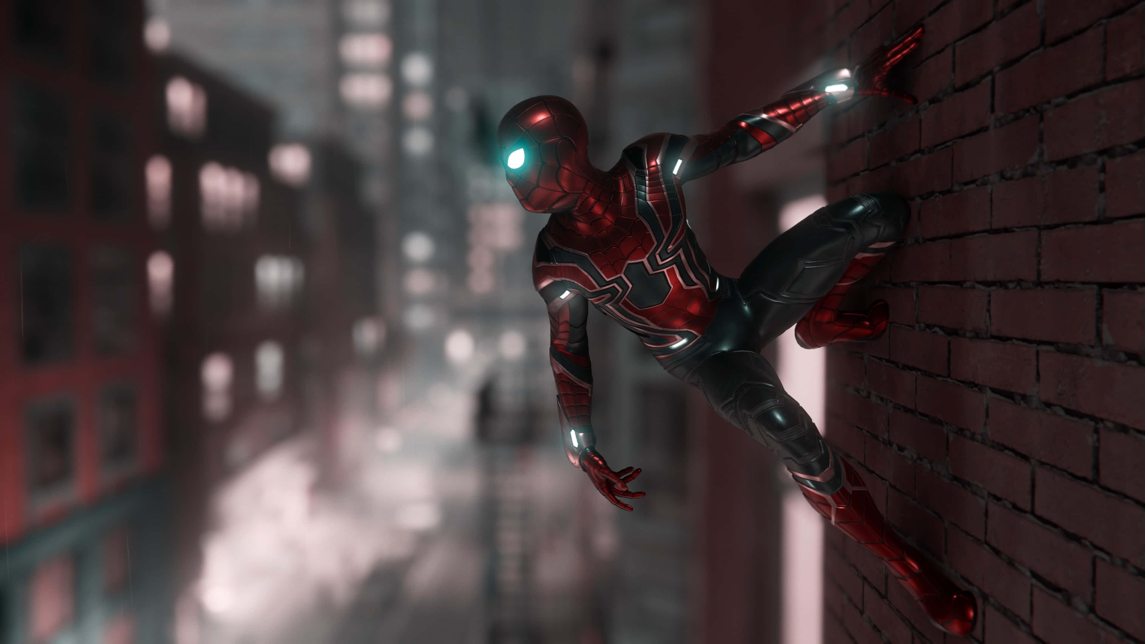 Cool Ps4 Profile 桌布 壁紙 — 一個紅黑裝甲的蜘蛛英雄在雨天的城市小巷中攀爬磚牆，眼睛發光，霓虹燈閃爍。