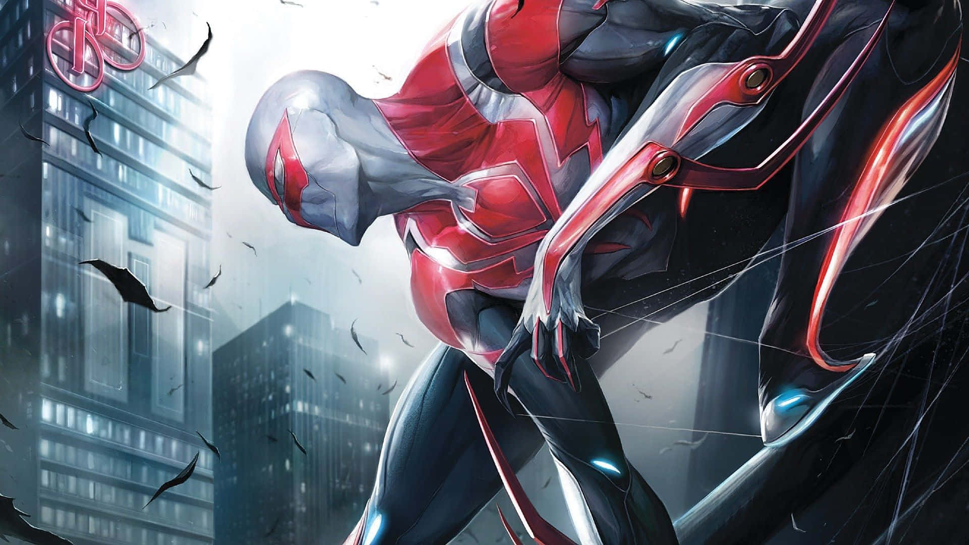 Spider Man 2099 桌布 壁紙 — 一個紅黑裝甲蜘蛛英雄在雨中城市景觀中動態跳躍，周圍有發光的蛛網線條和黑色的鳥兒飛翔。
