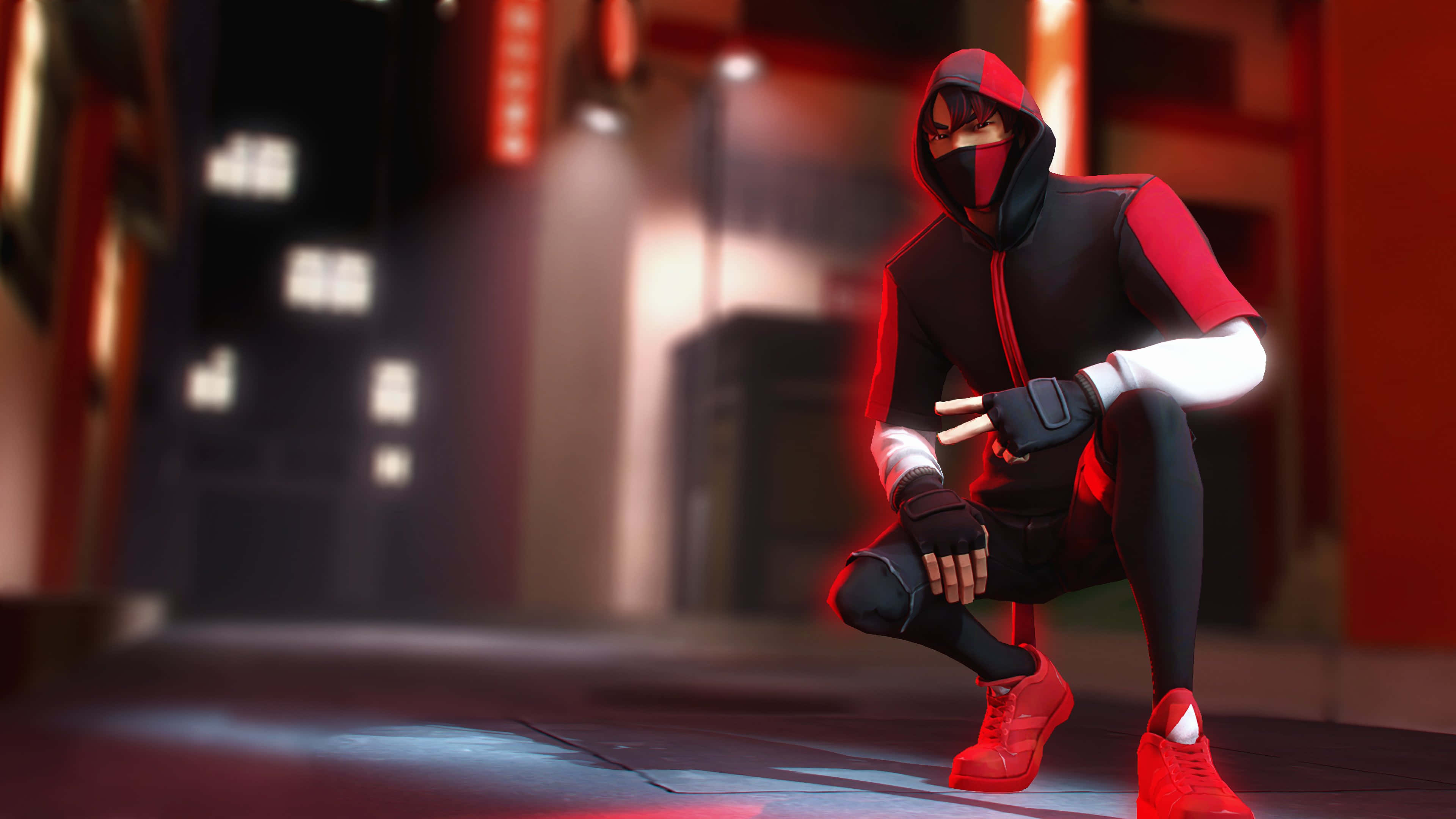 Fortnite 桌布 壁紙 — 一個紅黑配色的風格化忍者，夜晚在霓虹燈照亮的城市小巷中蹲伏。
