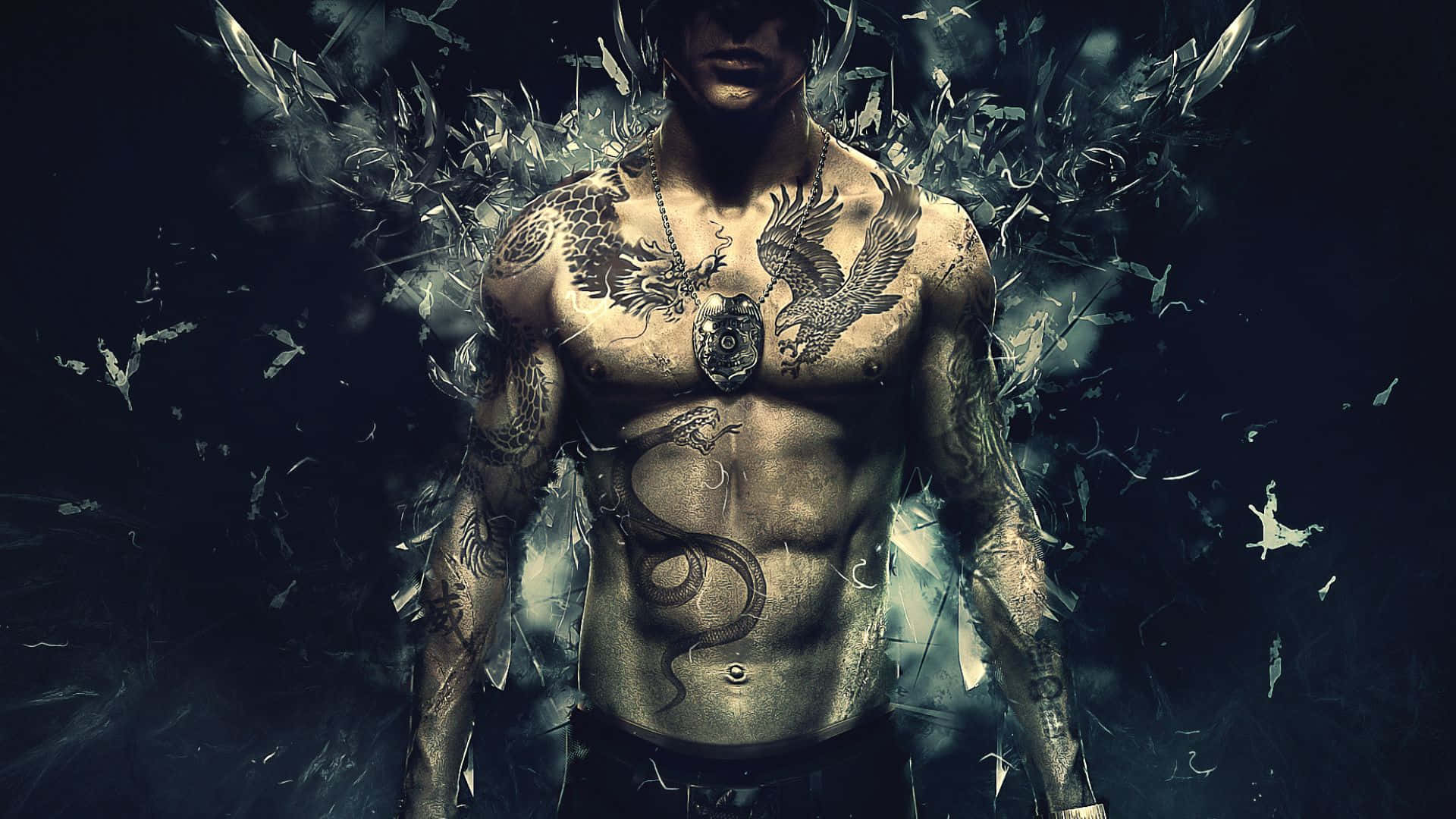Sleeping Dogs 桌布 壁紙 — 一個紋有龍鳳刺青的男人站在破碎的玻璃中，氣氛陰暗而充滿情緒。
