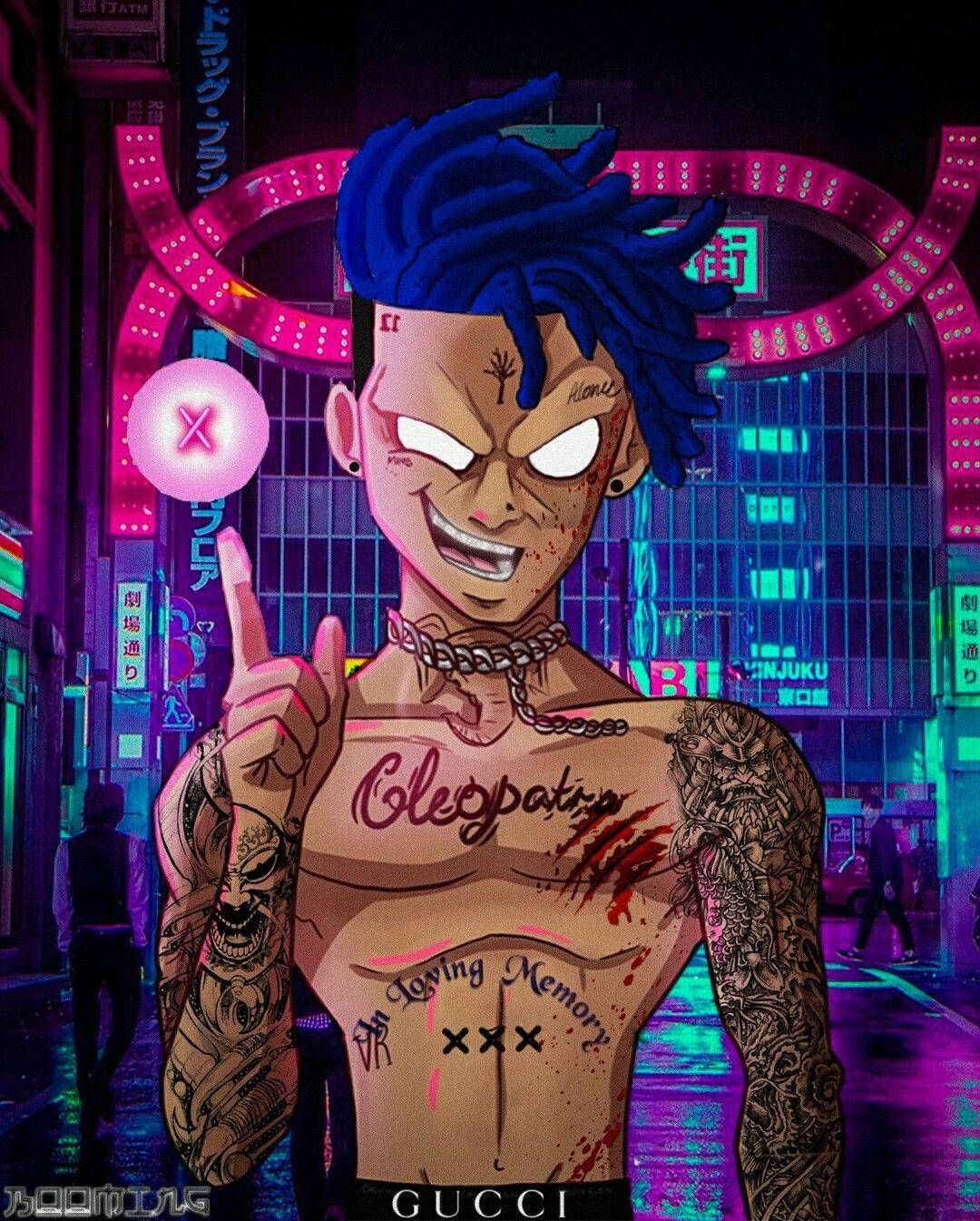 xxxtentacion 動畫 桌布 壁紙 — 一個紋身動漫角色，藍色頭髮，發光的眼睛，在霓虹燈閃爍的東京小巷中挑釁地擺姿勢。
