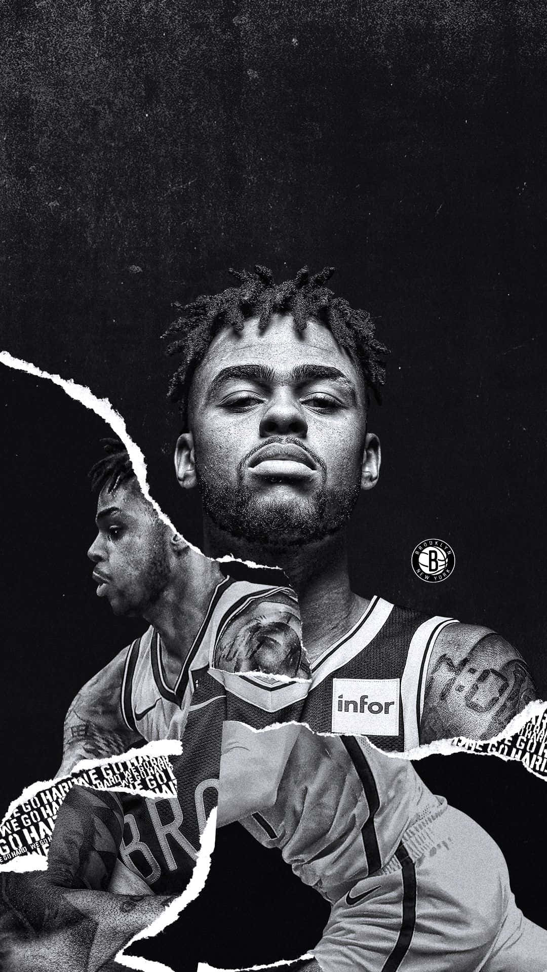 Brooklyn Nets 桌布 壁紙 — 一個紋身和辮子頭籃球運動員的粗糙黑白肖像，在深色背景上以撕裂紙張效果分割。