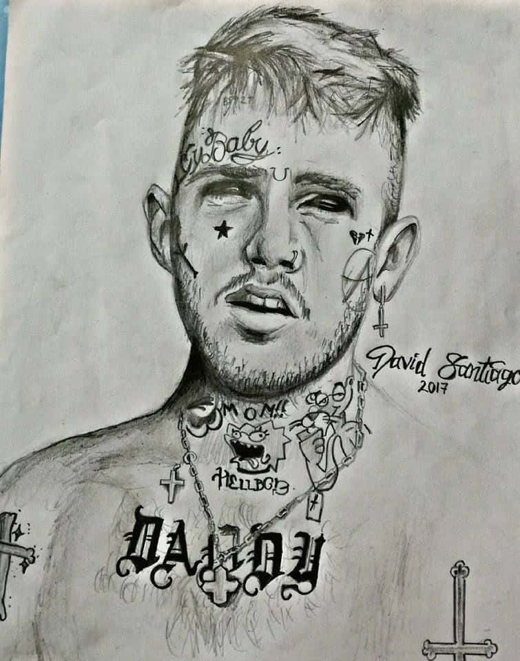lil peep 動態圖 桌布 壁紙 — 一個紋身男子的詳細鉛筆素描，臉上有星星，頸上有鏈條，由 David Santiago 於 2017 年簽名。