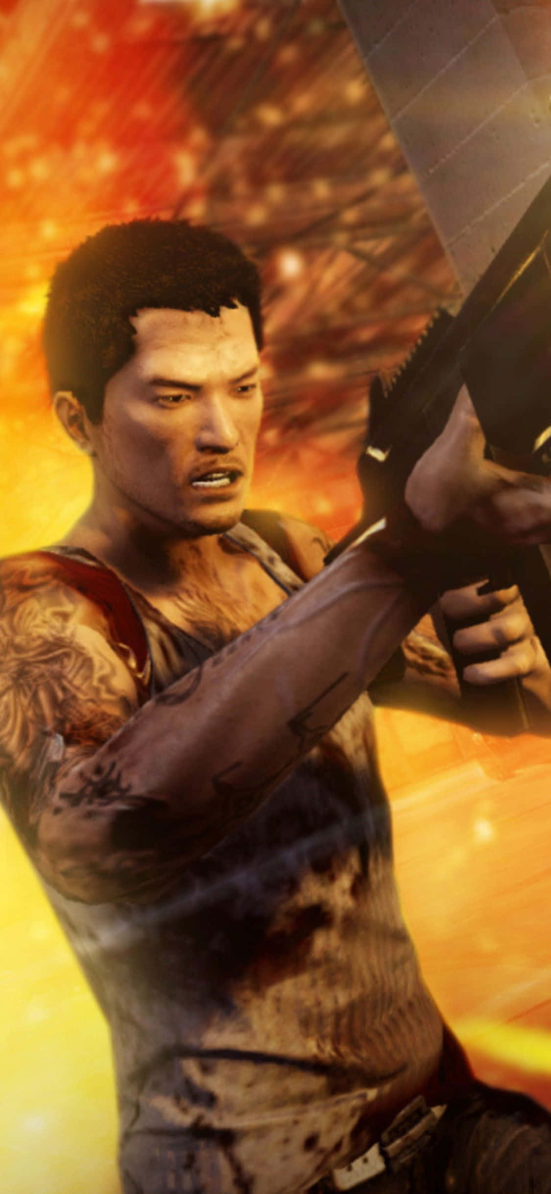 電玩遊戲 桌布 壁紙 — 一個紋身的粗獷電玩角色在熾熱的橙色背景下握著電鋸。