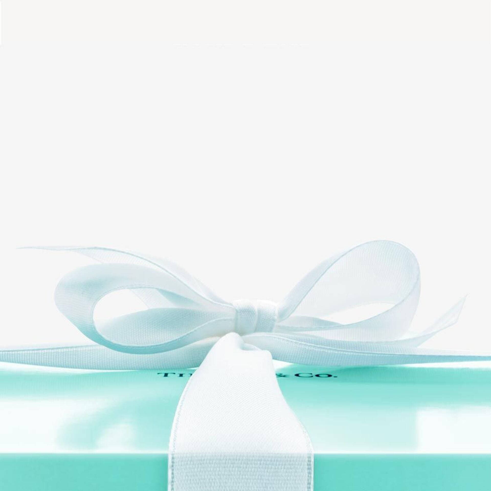 tiffany 桌布 壁紙 — 一個純淨的Tiffany & Co.盒子，採用標誌性的知更鳥蛋藍色，飾以精緻的白色緞帶蝴蝶結，置於潔白背景上。