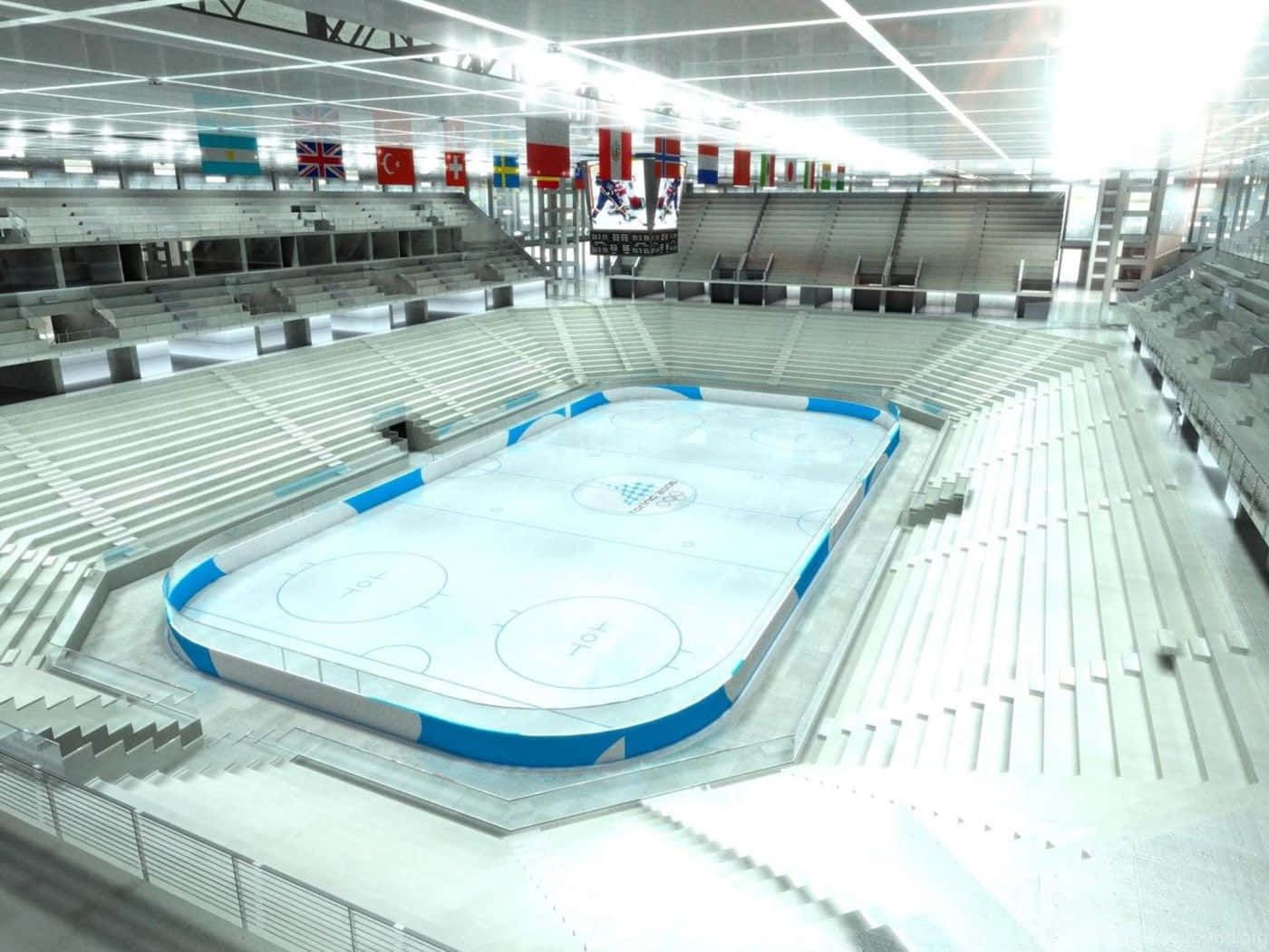 Ice Rink 桌布 壁紙 — 一個純淨的室內冰球場，周圍是空蕩蕩的看台，上方是明亮的人造燈光。