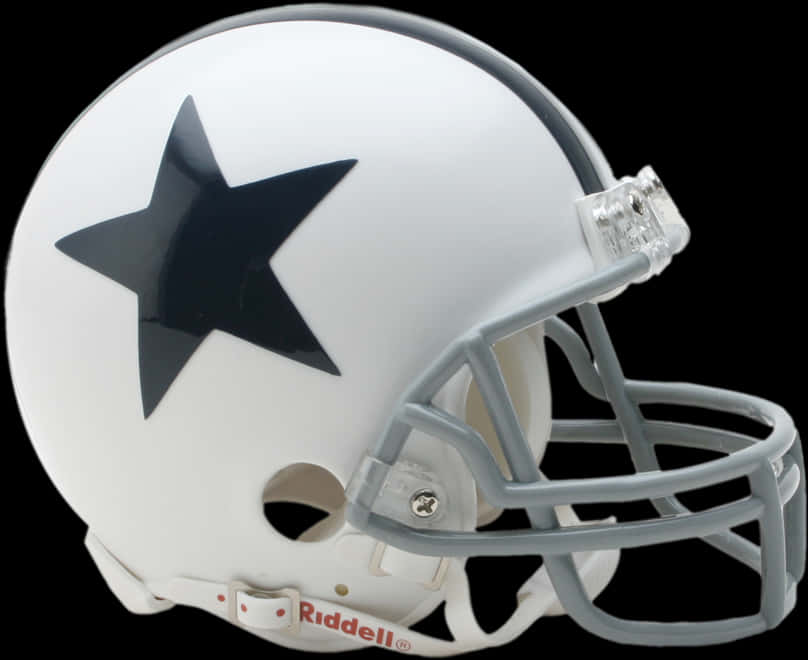 Football Helmet 桌布 壁紙 — 一個純白色的Riddell美式足球頭盔，帶有醒目的黑色星星標誌和灰色面罩，背景為純黑色。