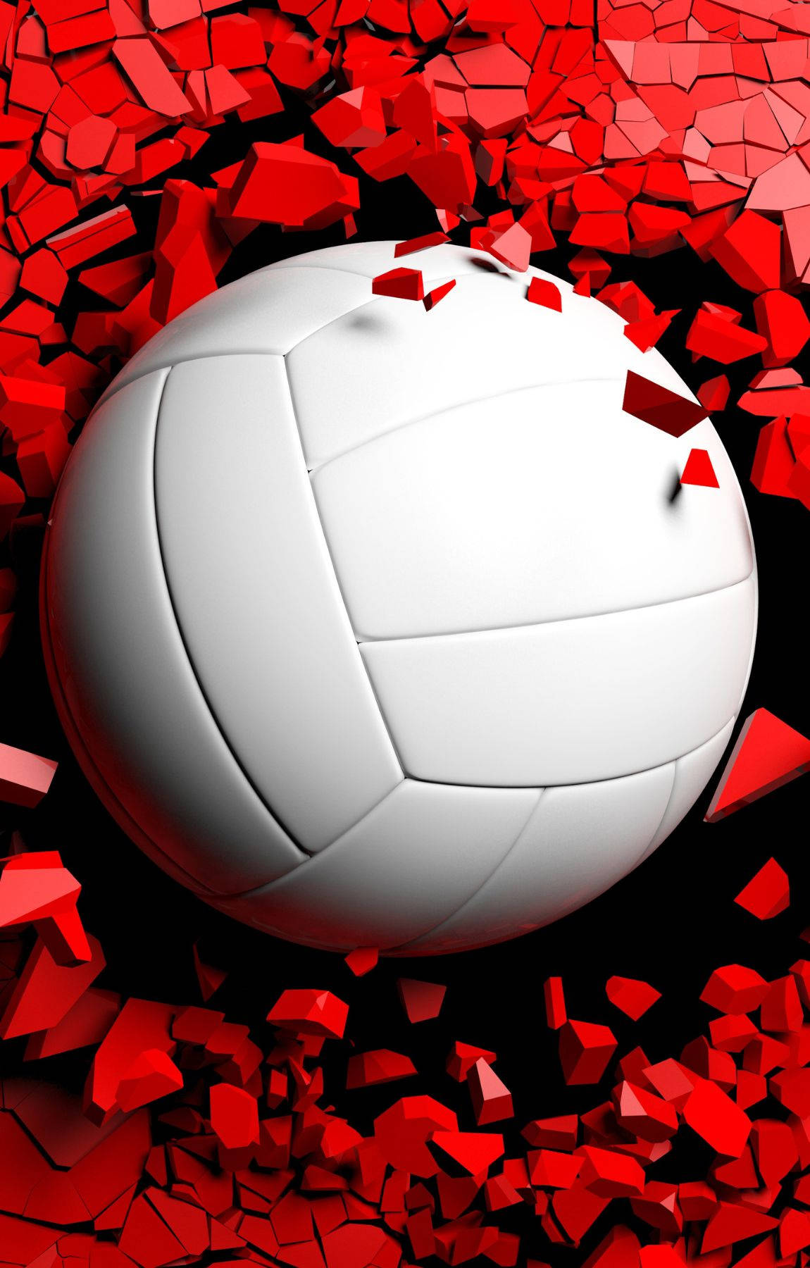 Volleyball Aesthetic 桌布 壁紙 — 一個純白色的排球從黑色虛空中破碎的紅色幾何碎片爆發中浮現。