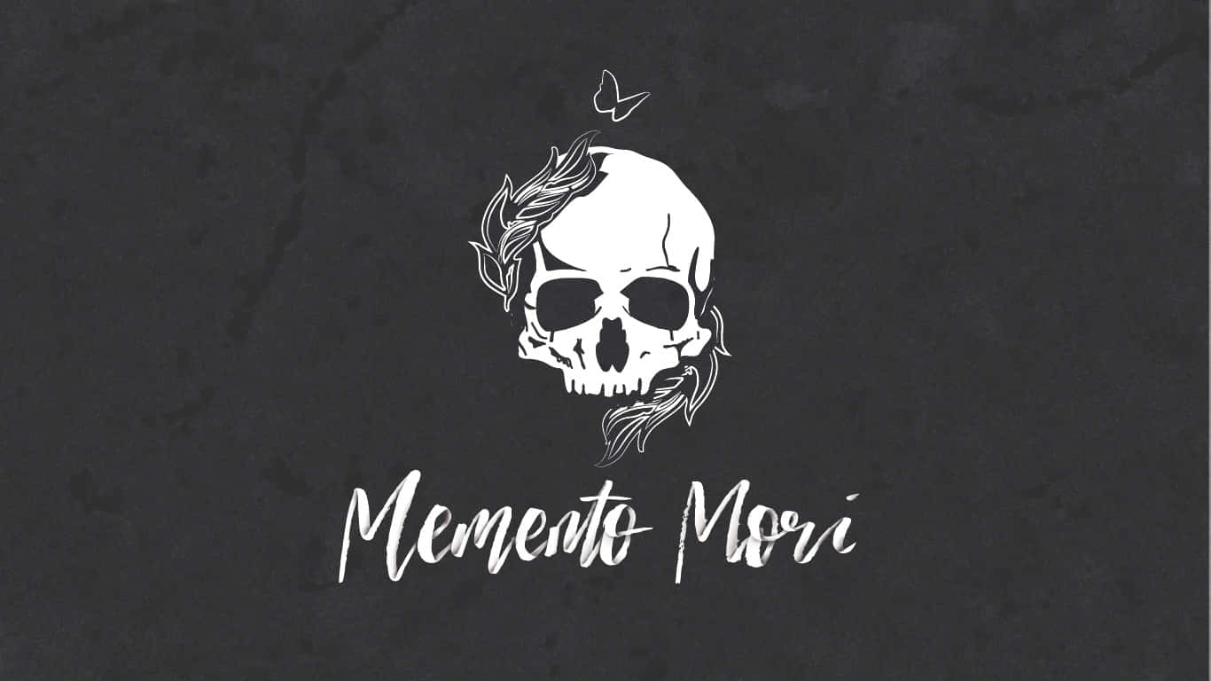 Memento Mori 桌布 壁紙 — 一個純白色頭骨，飾有月桂葉和蝴蝶，置於有紋理的深灰色背景上，並帶有 Memento Mori 字句。