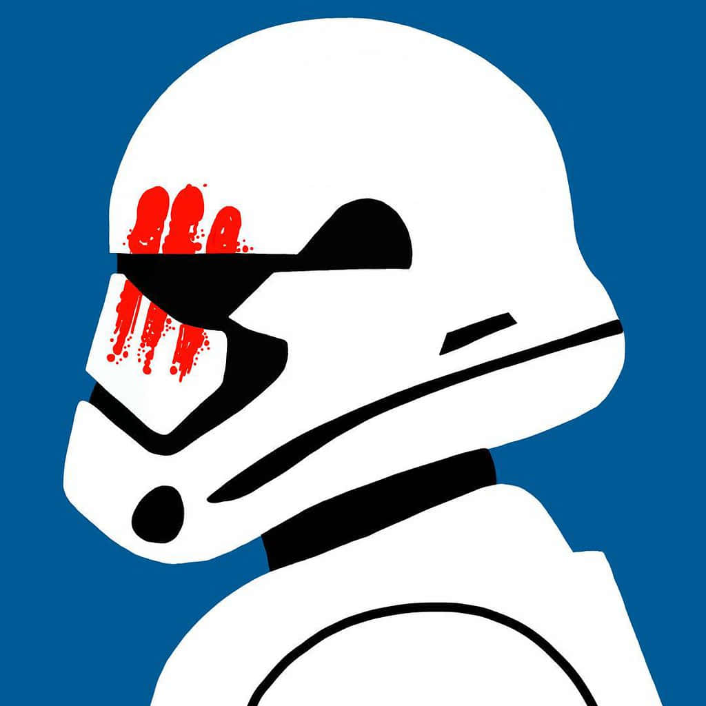 Star Wars Profile 桌布 壁紙 — 一個純白色風暴兵頭盔，面罩上有紅色血濺，背景為純藍色。