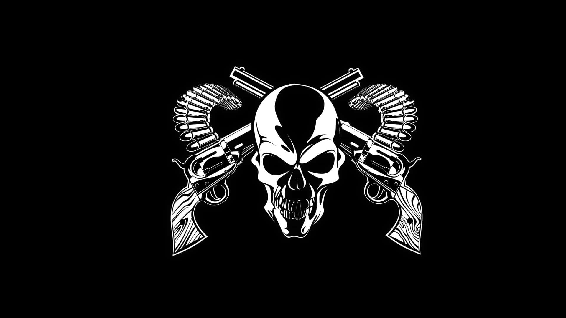 Skull And Crossbones 桌布 壁紙 — 一個純白色骷髏頭，兩側交叉著左輪手槍，並纏繞著彈藥帶，背景為純黑色。
