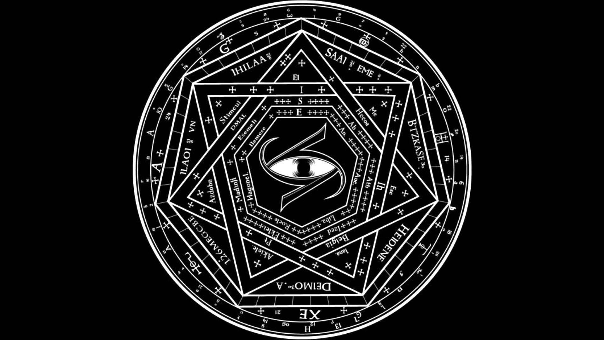 五芒星 桌布 壁紙 — 一個純黑色背景上，中心有一個全視之眼的白色複雜幾何符號向外輻射。