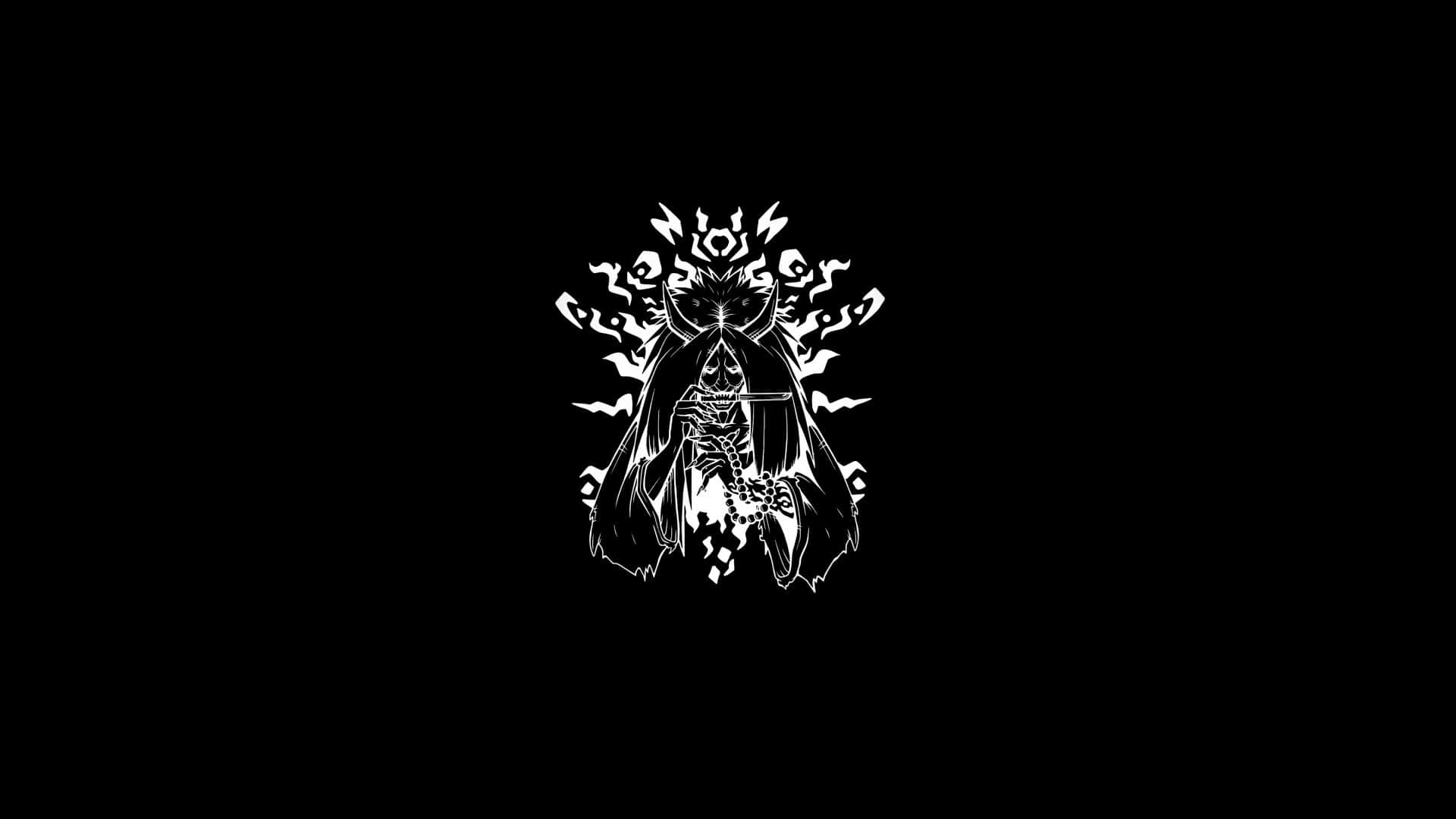 Naruto Black And White 桌布 壁紙 — 一個純黑色背景上，出現了一個帶有發光眼睛和鋸齒狀翅膀的白色風格化惡魔形象。