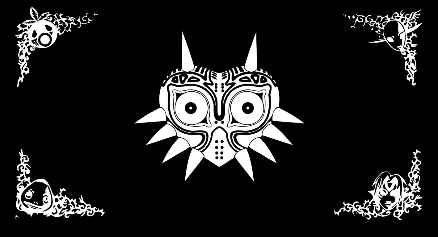 Majora's Mask 桌布 壁紙 — 一個純黑色背景上有一個白色風格化面具，帶有尖銳的尖刺和複雜圖案，兩側有帶卡通臉的華麗角落設計。