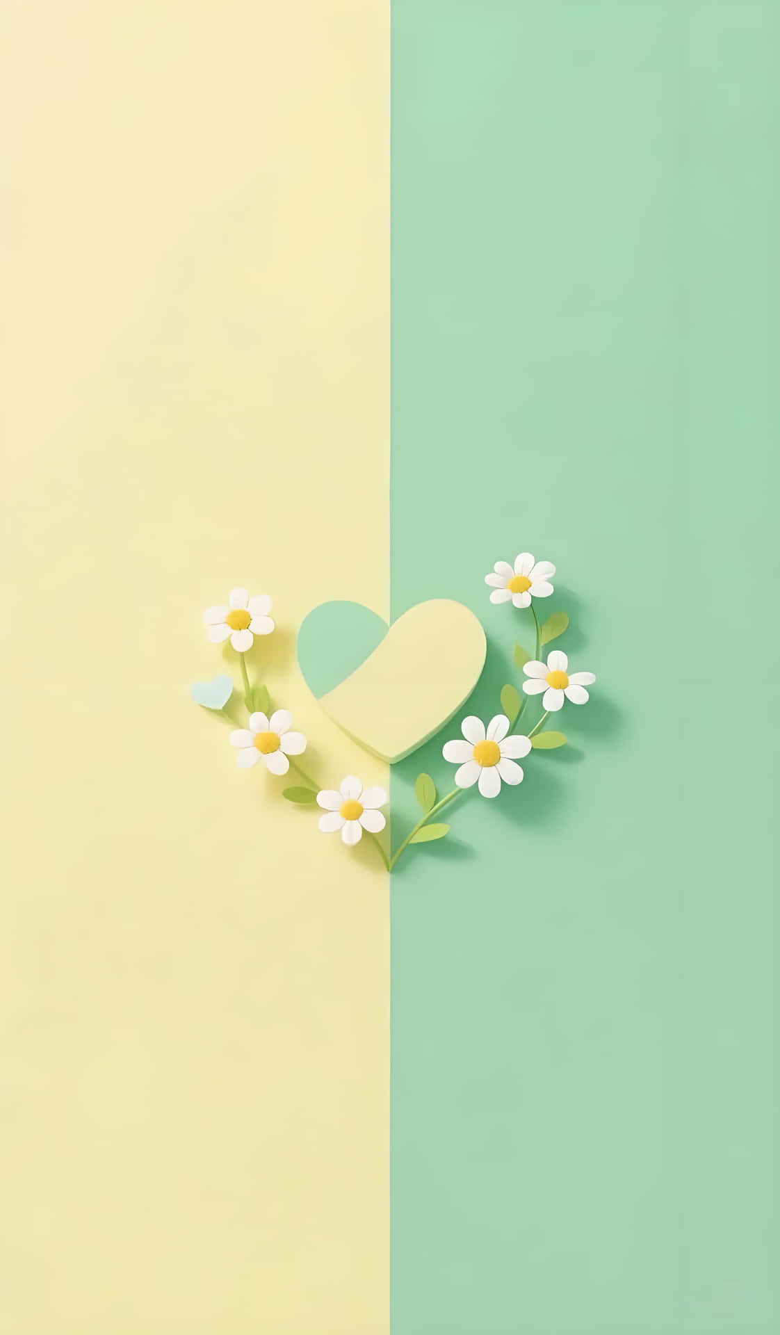 Yellow & Green Heart Flowers: Sweet Fresh Two - Tone Wallpaper 壁紙 — 一個紙愛心與雛菊排列在分割的黃色和薄荷綠色背景上。