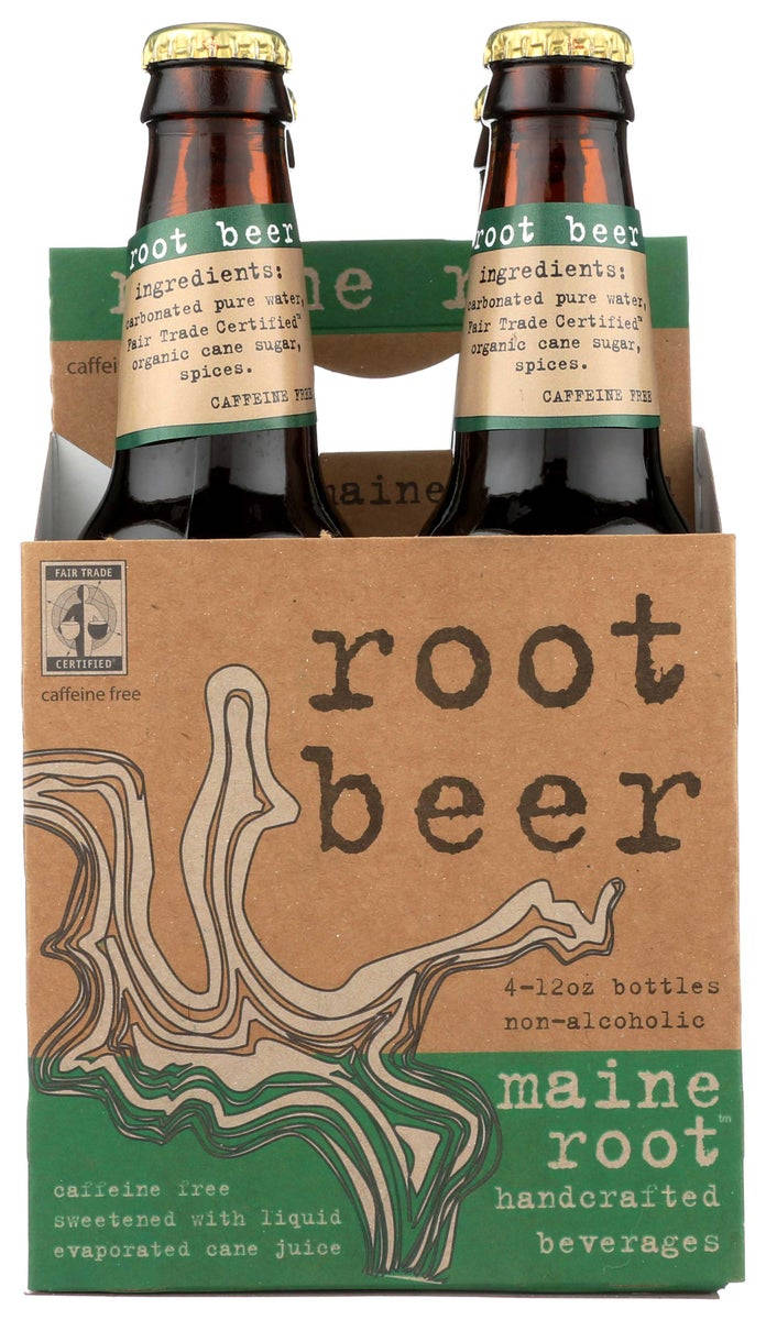 drinks 桌布 壁紙 — 一個紙板四瓶裝的Maine Root無咖啡因根汁啤酒，帶有綠色和棕色標籤及地形線條藝術。