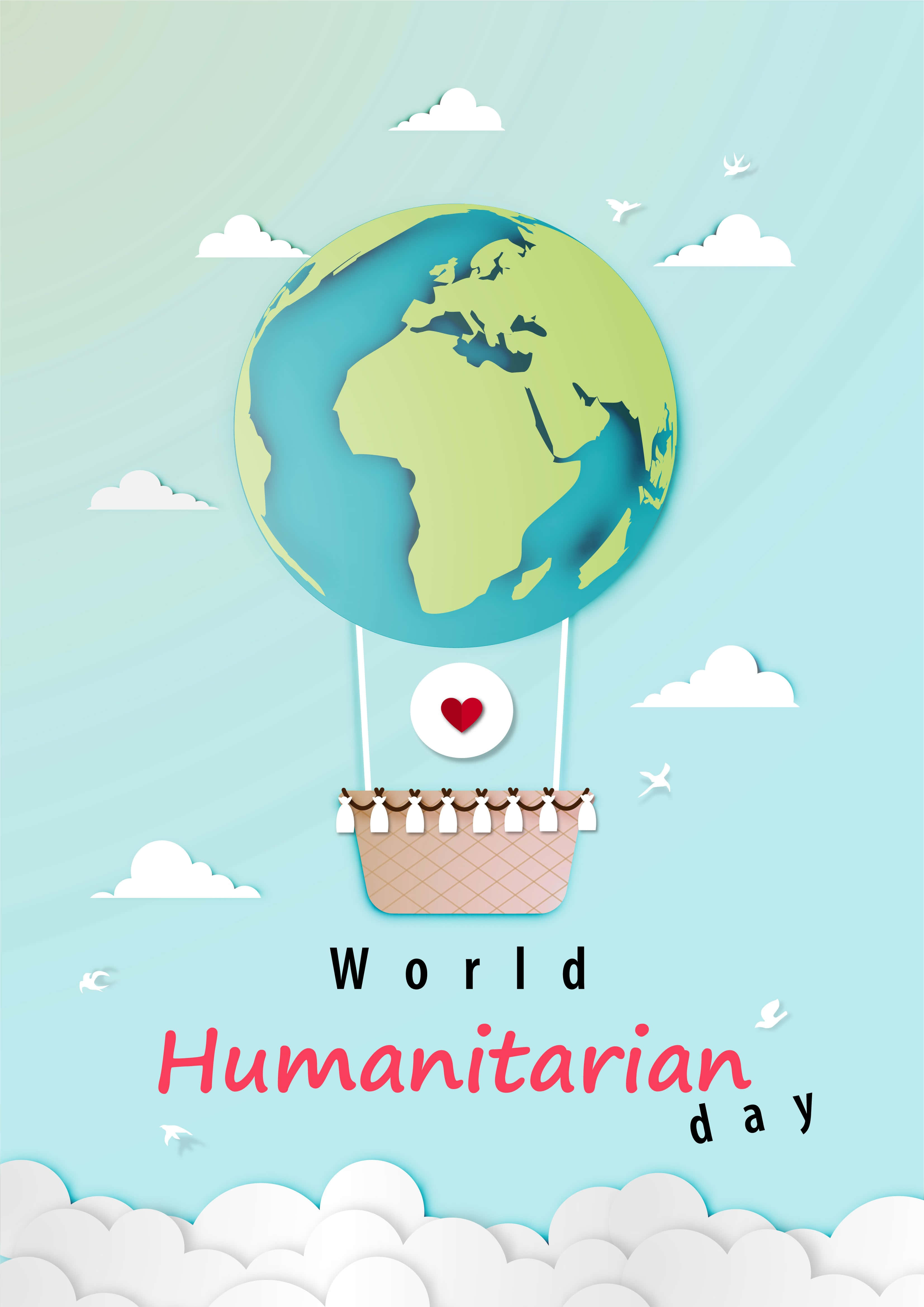 World 桌布 壁紙 — 一個紙藝風格的地球形狀熱氣球漂浮在雲層之上，帶有紅色心形籃子和飛翔的鳥兒。