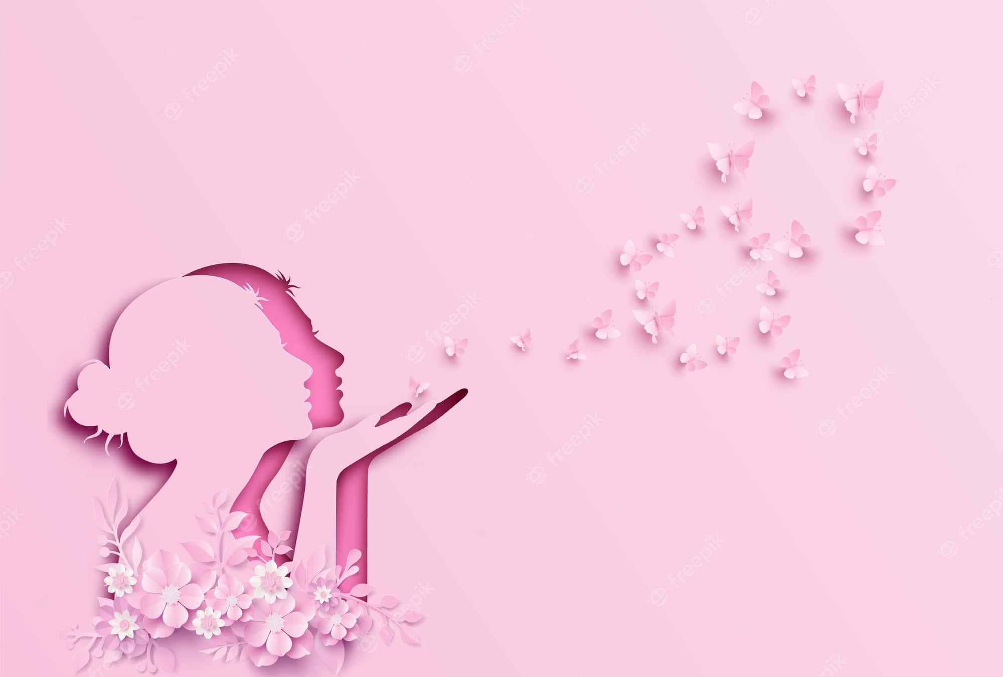 women 桌布 壁紙 — 一個紙雕剪影，描繪一位女性在柔和的粉紅色背景上吹出粉紅色蝴蝶形成心形。