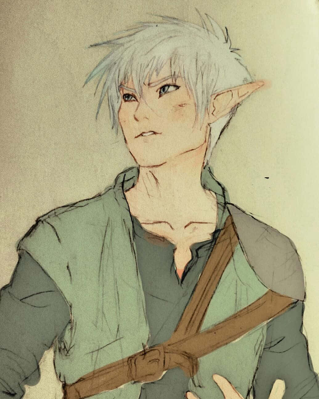 動漫藝術GIF 桌布 壁紙 — 一個素描風格的精靈，有尖尖的銀色頭髮和尖耳朵，身穿綠色束腰外衣，胸前有一條棕色帶子。