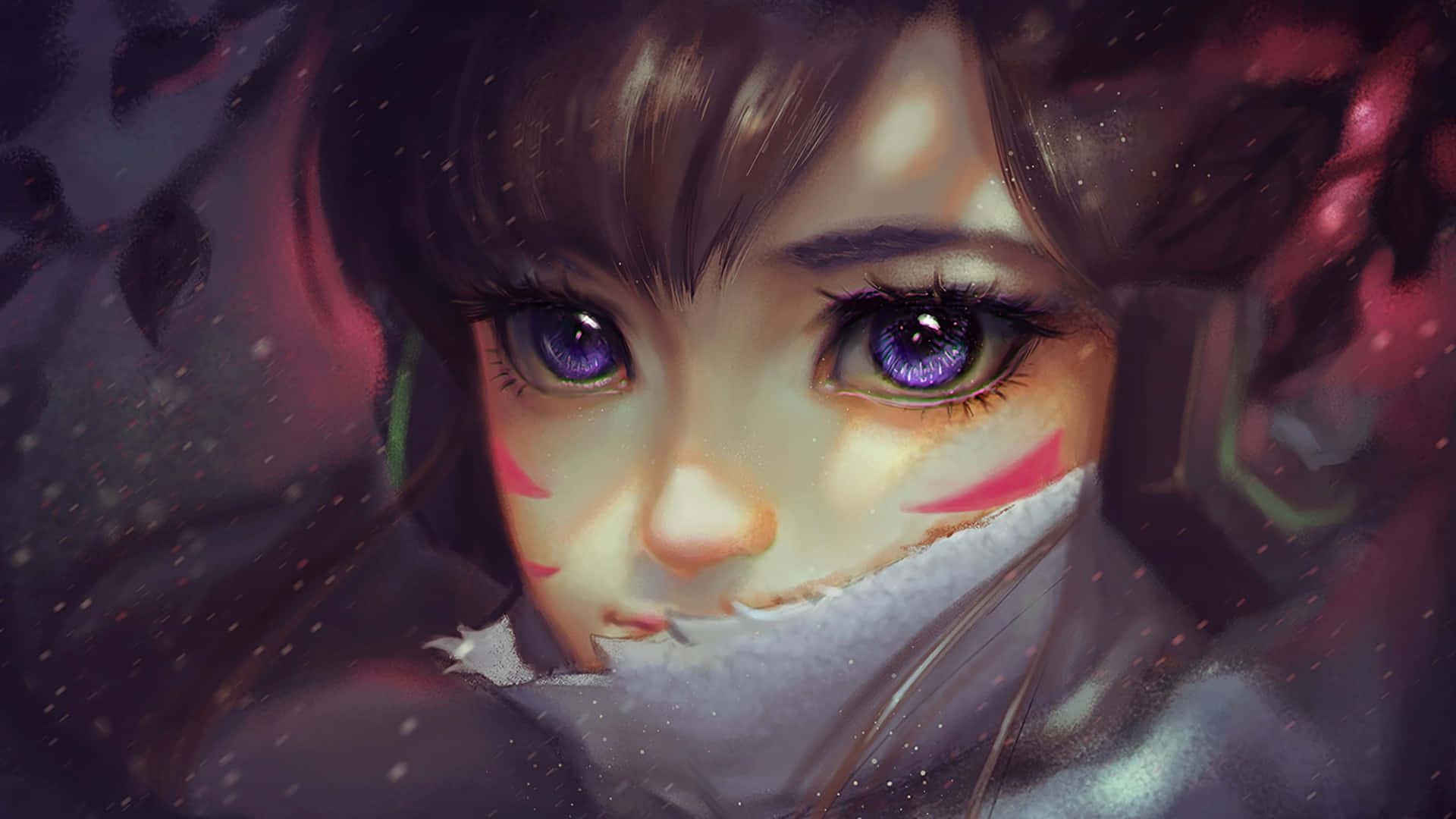 HD Overwatch 桌布 壁紙 — 一個紫眼睛、臉頰有紅色標記的動漫女孩特寫，在黑暗陰鬱的氛圍中透過飄落的雪花凝視。