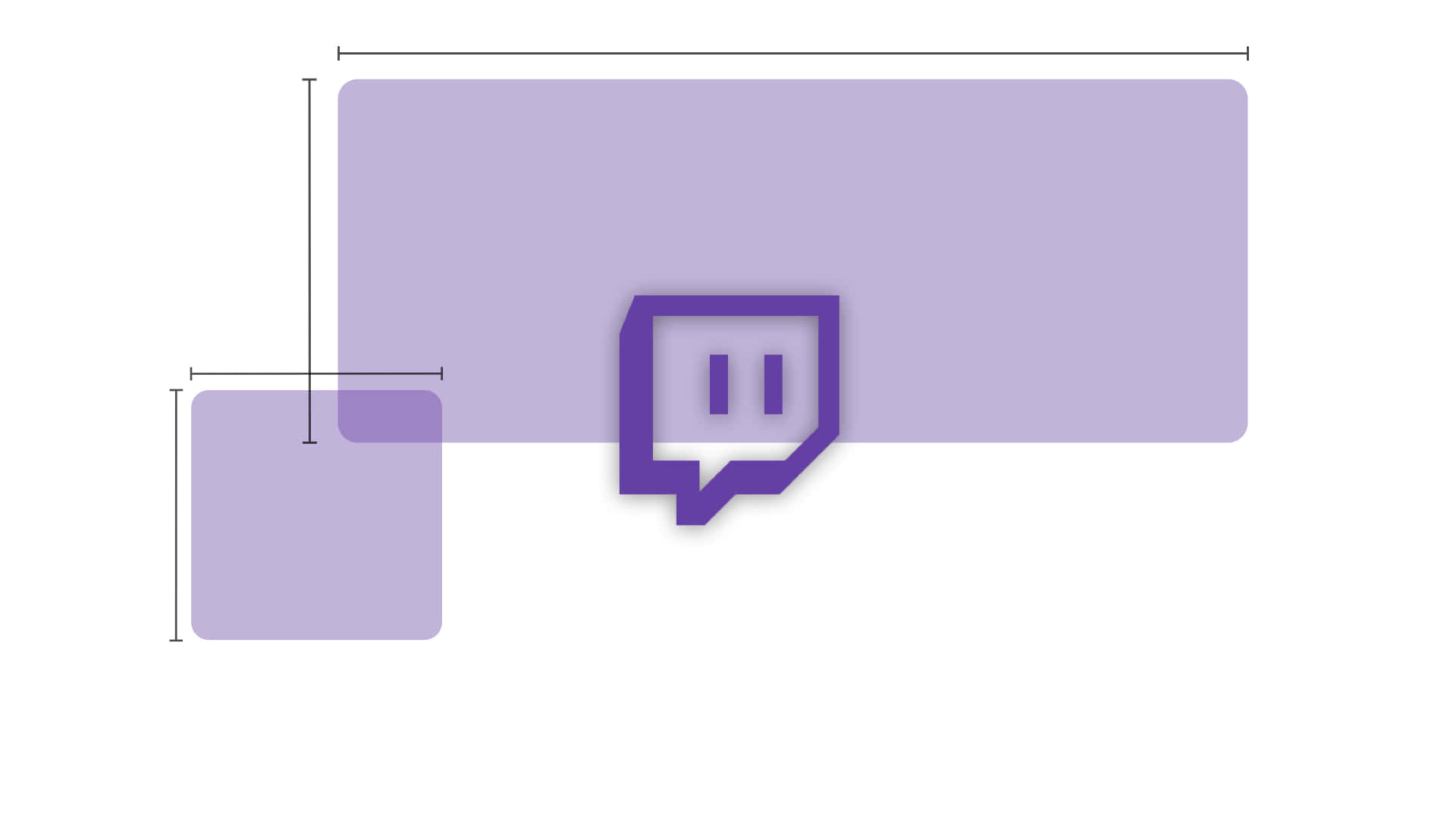 Twitch 桌布 壁紙 — 一個紫色 Twitch 標誌帶有對話氣泡設計，位於薰衣草色長方形上，旁邊有一個較小的薰衣草色正方形，帶有尺寸線。