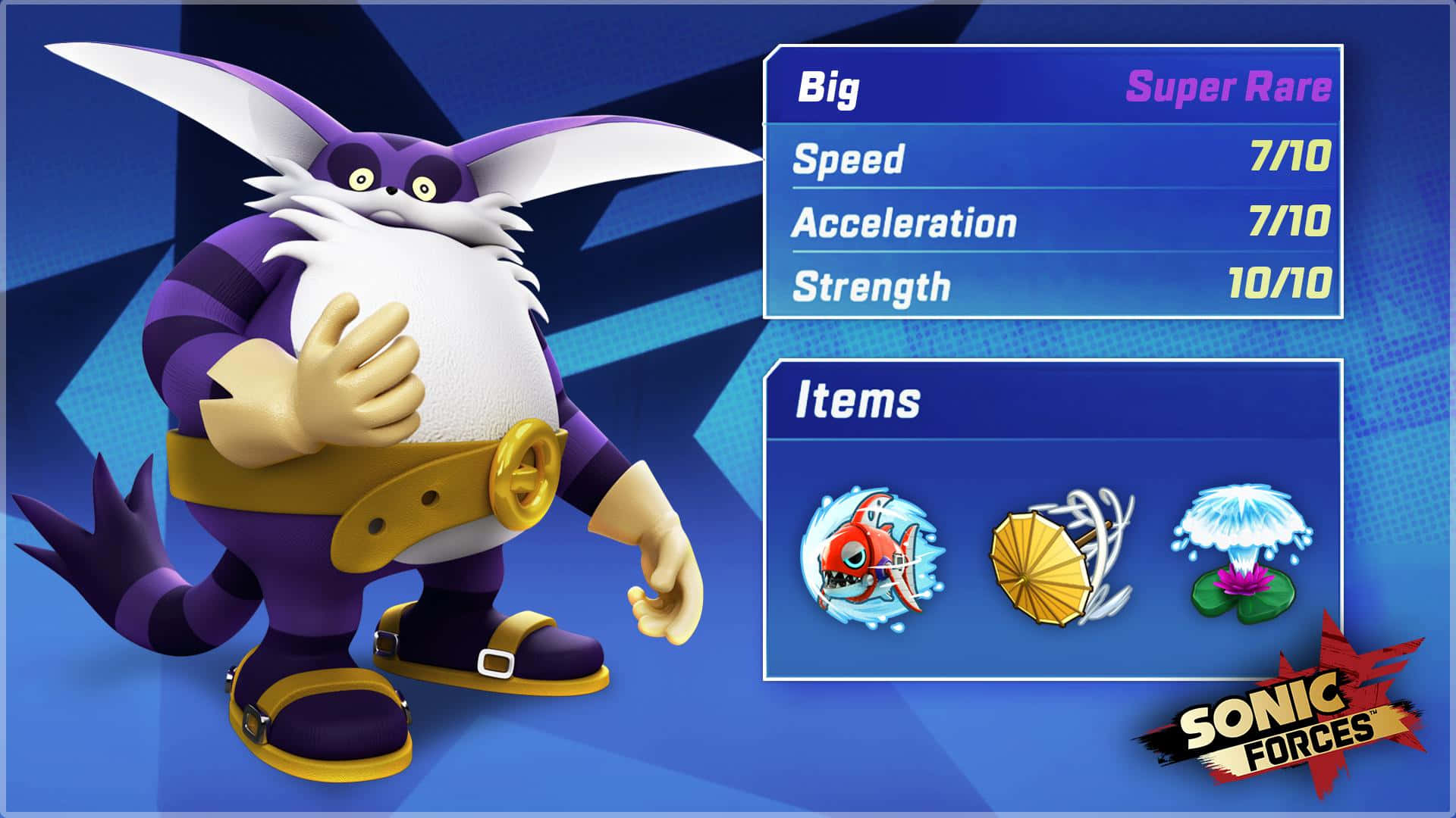 Big The Cat 桌布 壁紙 — 一個紫色、像兔子的角色，有白色毛皮和黃色眼睛，自信地站在一個充滿活力的藍色遊戲介面的統計面板旁邊。