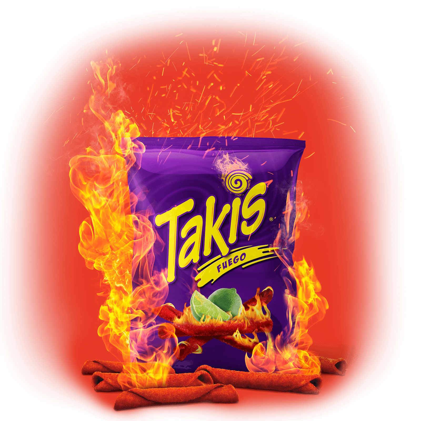 火焰動畫 桌布 壁紙 — 一個紫色Takis Fuego洋芋片袋在火紅背景上爆發出火焰和火花。