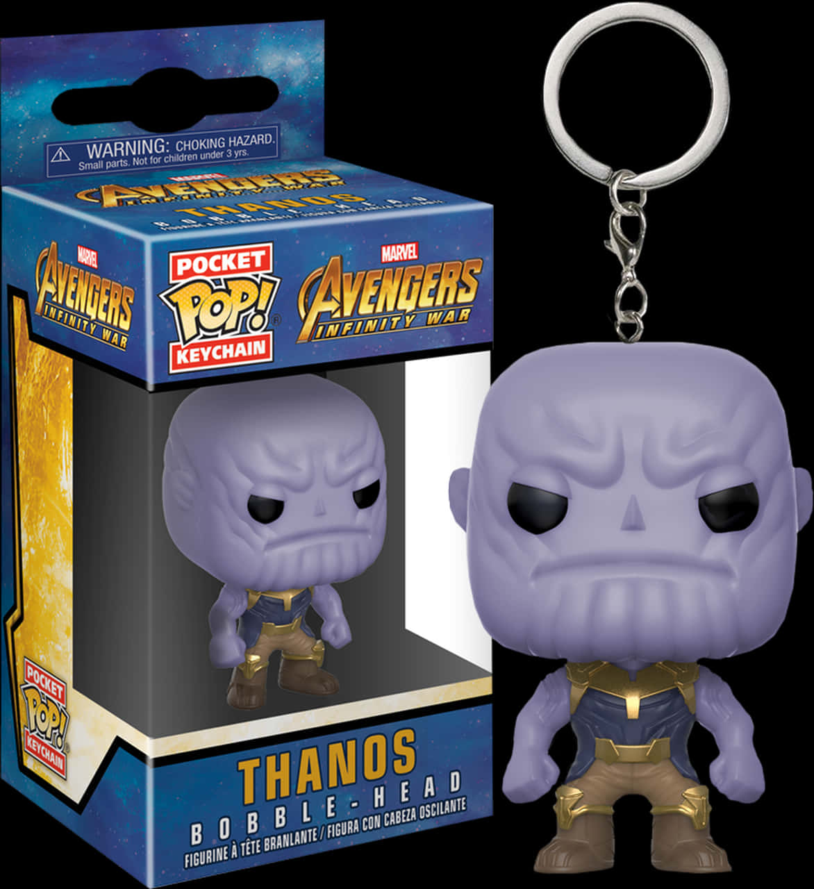 薩諾斯 桌布 壁紙 — 一個紫色Thanos Funko Pop鑰匙圈，配有金色盔甲，站在其Avengers Infinity War包裝旁邊，背景為黑色。