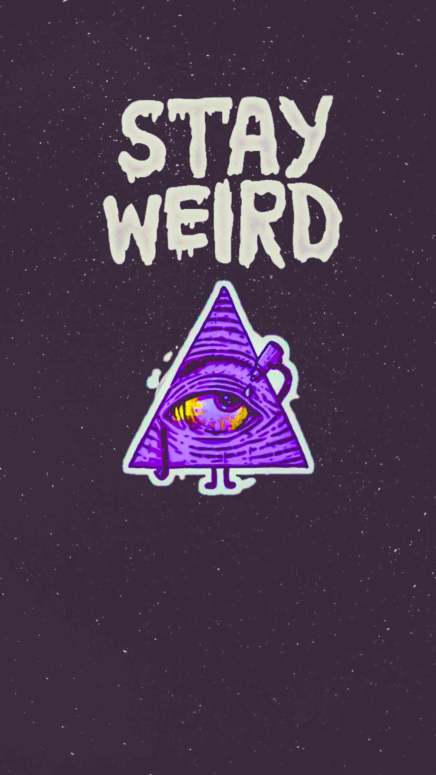 怪核 桌布 壁紙 — 一個紫色三角形，帶有眼睛和四肢，位於「STAY WEIRD」文字下方，背景為深色斑點。