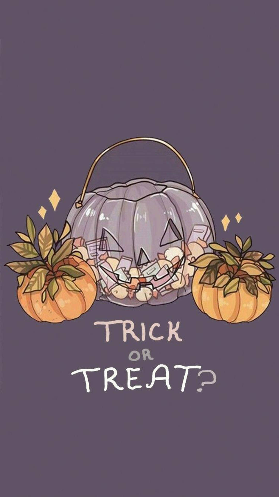 treat 桌布 壁紙 — 一個紫色傑克南瓜燈糖果桶，兩側有兩個帶葉子的小南瓜，背景為深紫色。